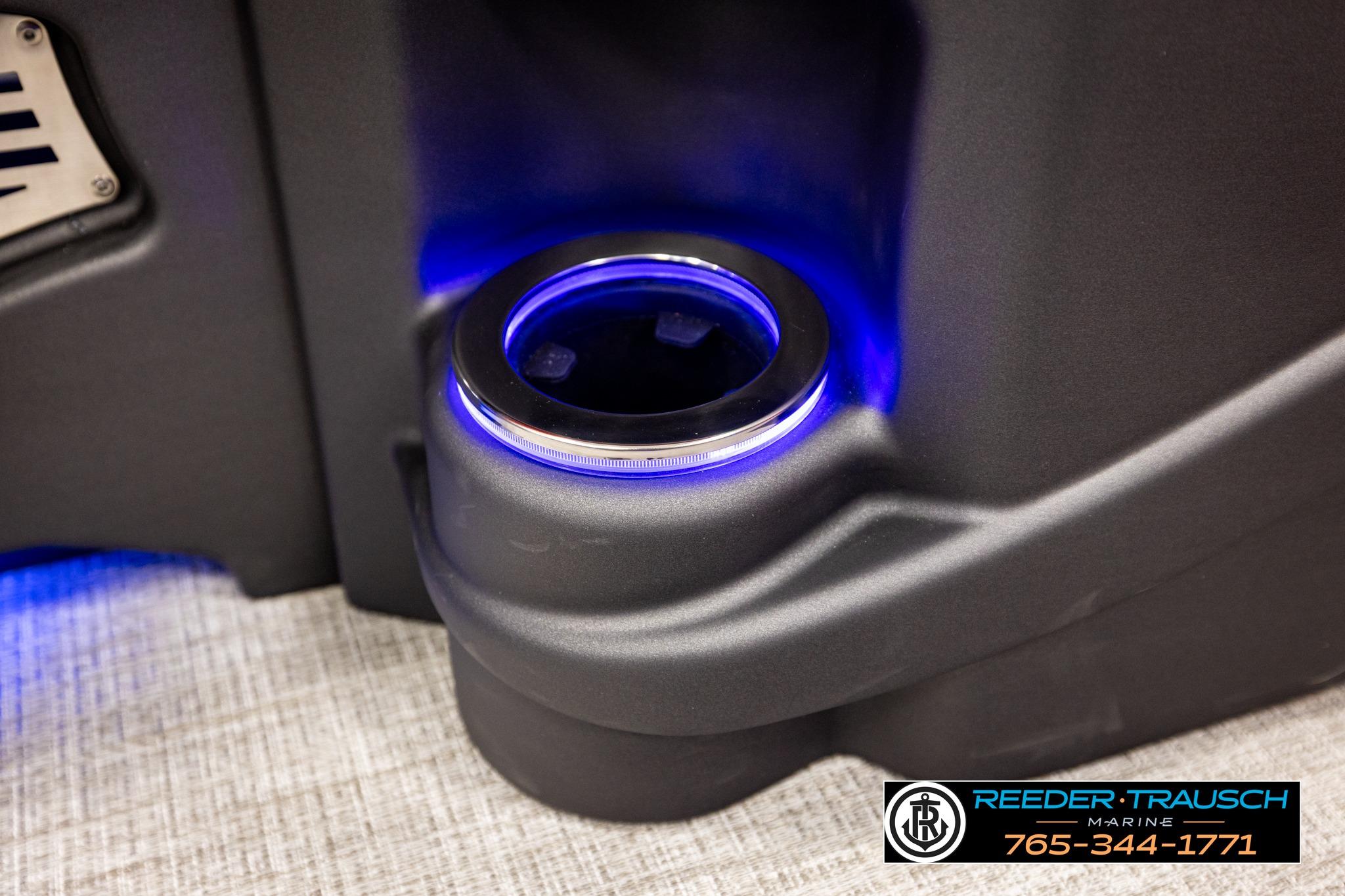 Illuminated cup holder in 2026 Avalon LSZ QL boat interior.