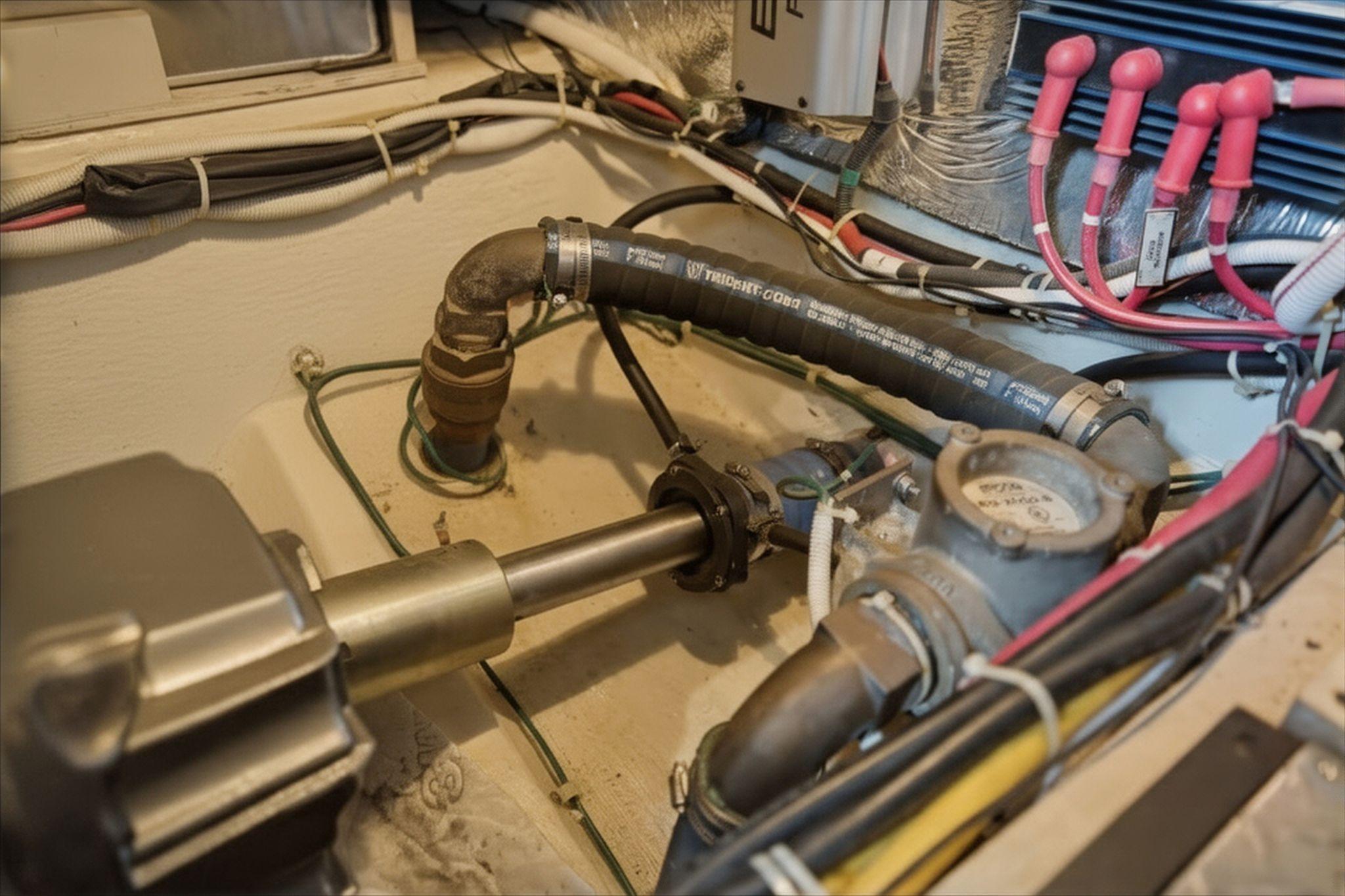 Engine room of 2005 Carver 39 Motor Yacht showing mechanical components and wiring.