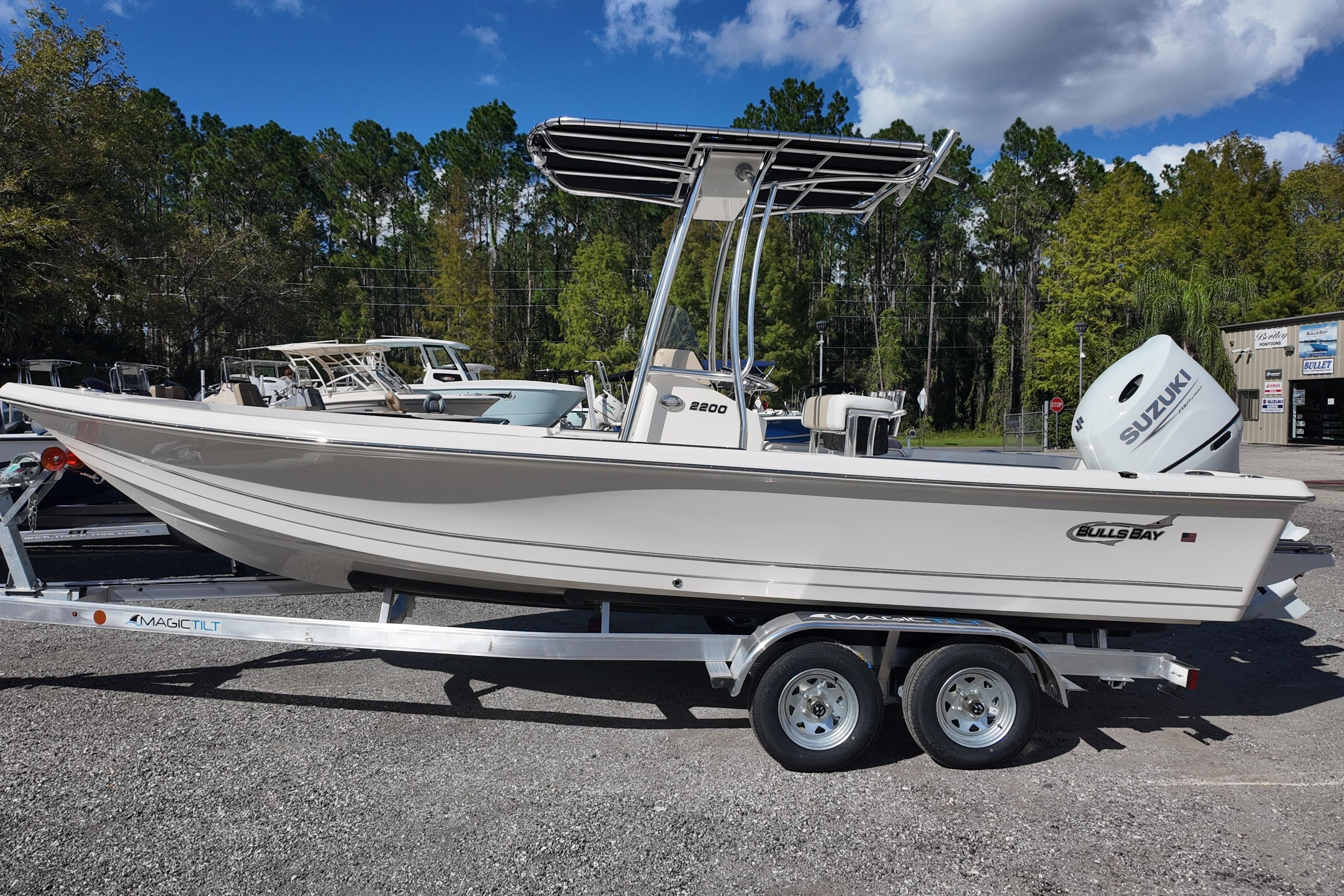 2026 Bulls Bay 2200 boat on trailer, featuring Suzuki outboard motor, parked outdoors.