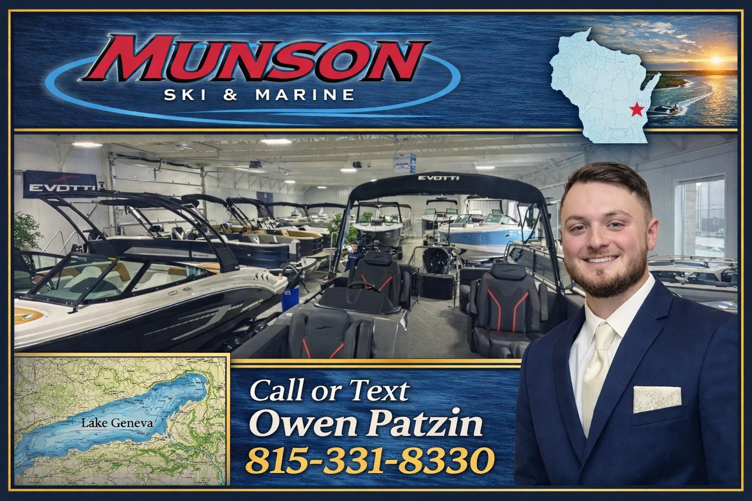 Munson Ski & Marine showroom featuring 2026 Evotti 523QL boats, contact Owen Patzin for details.
