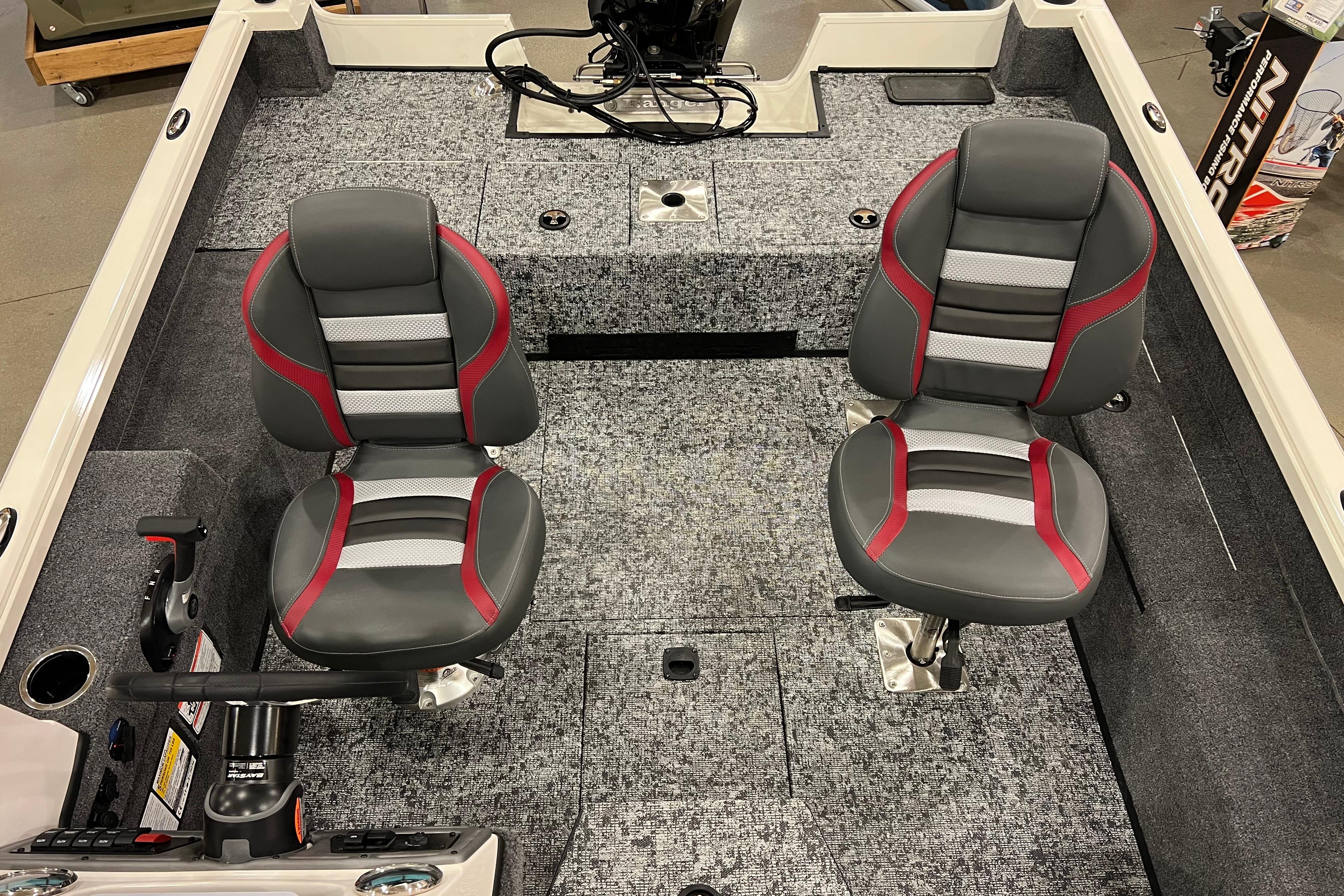 2026 Ranger VS1682SC Angler boat interior with two cushioned seats and control panel.