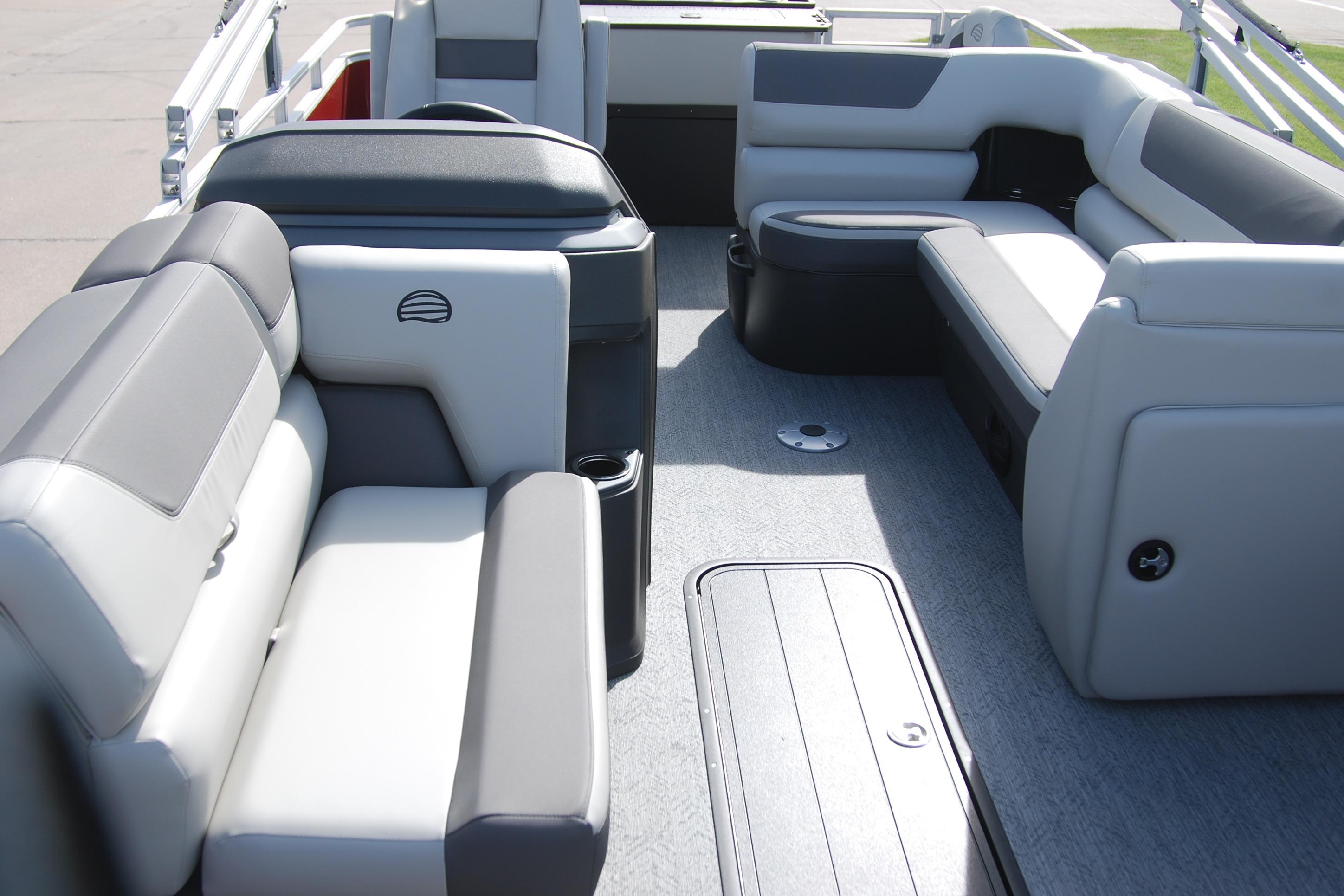 2026 Sun Tracker Fishin' Barge 22 XP3 interior with spacious seating and modern design.
