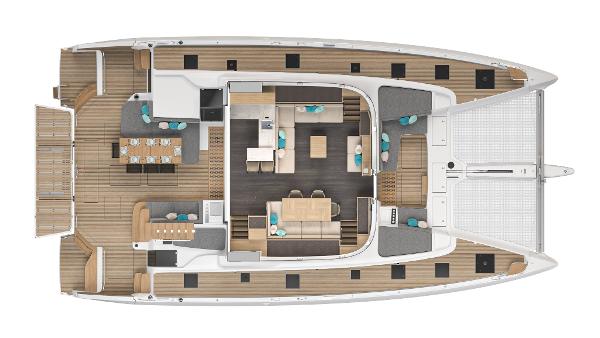Top view of 2025 Lagoon 60 catamaran layout, featuring spacious decks and modern interiors.