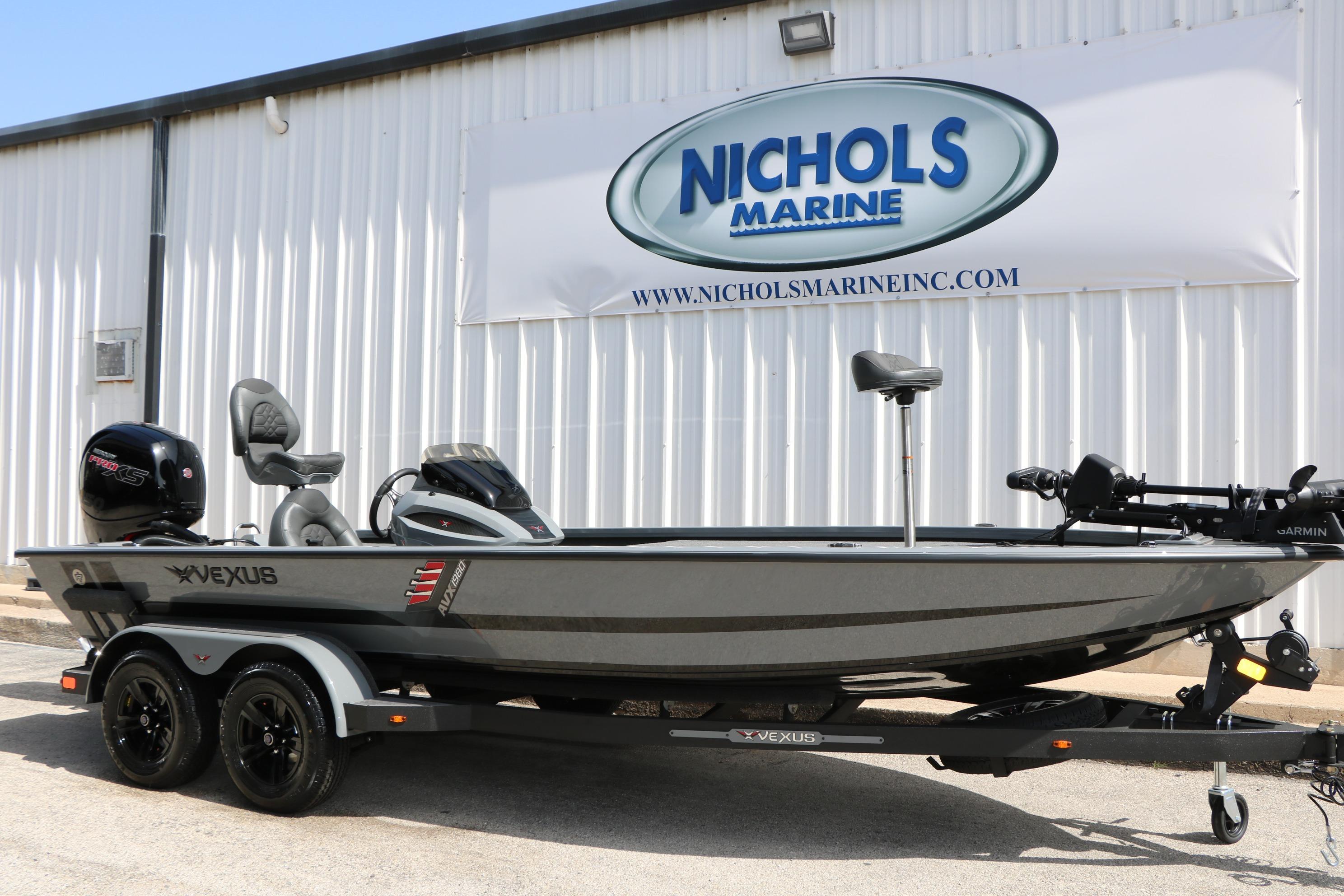 2026 Vexus AVX1980 boat on trailer at Nichols Marine dealership.