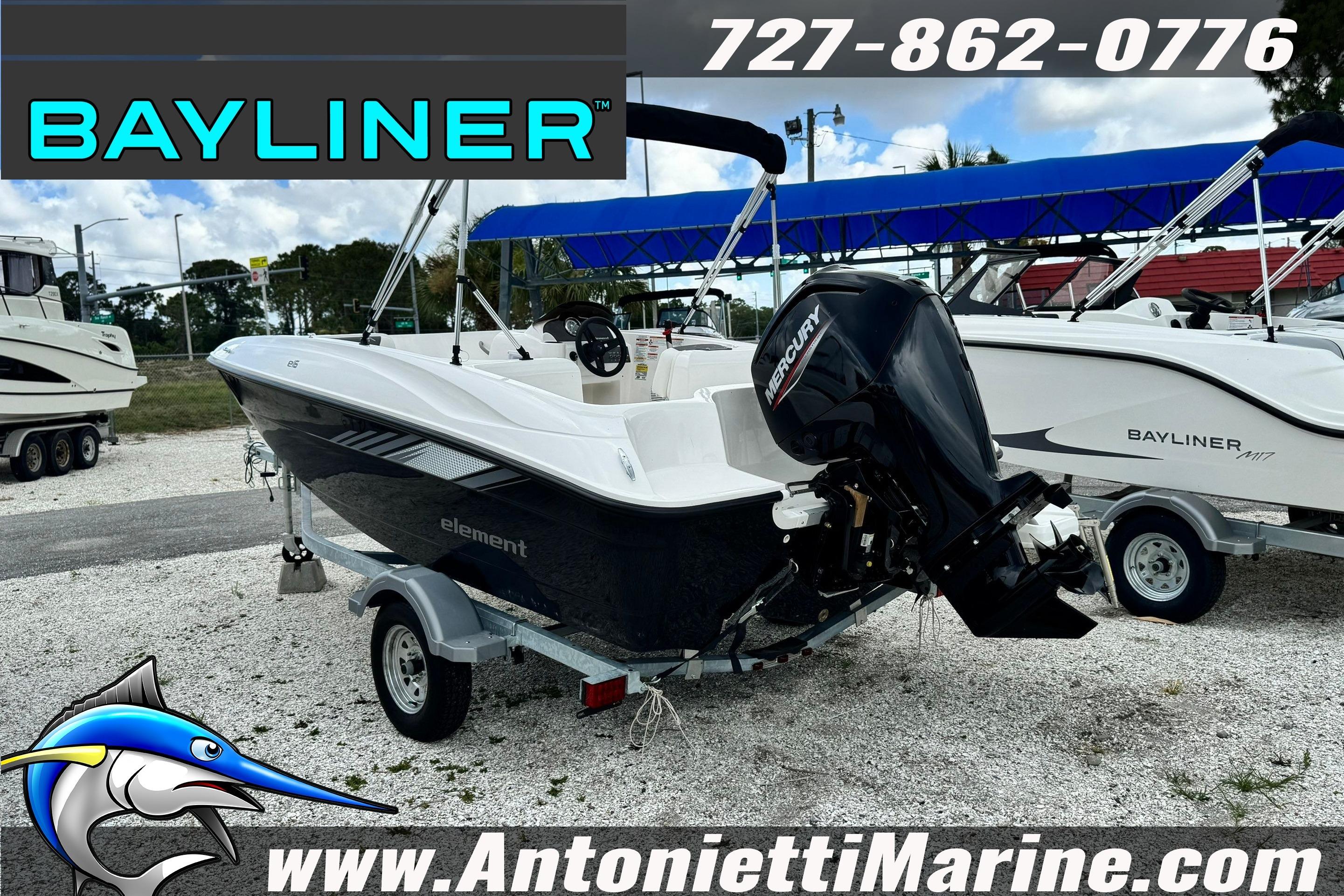 2026 Bayliner Element E16 boat on trailer at Antonietti Marine dealership.