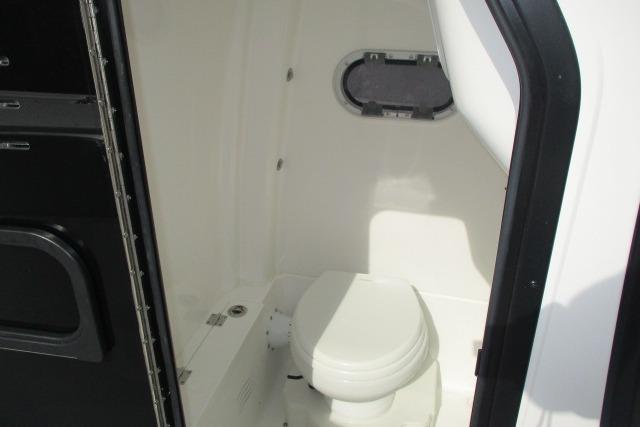 2026 Blazer Bay MAKARIA 2600 boat interior with compact marine toilet.