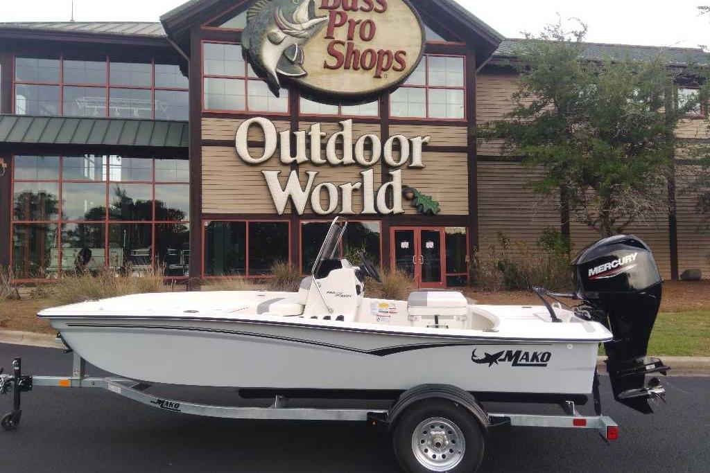 2026 Mako Pro Skiff 15 CC boat displayed outside Bass Pro Shops Outdoor World.