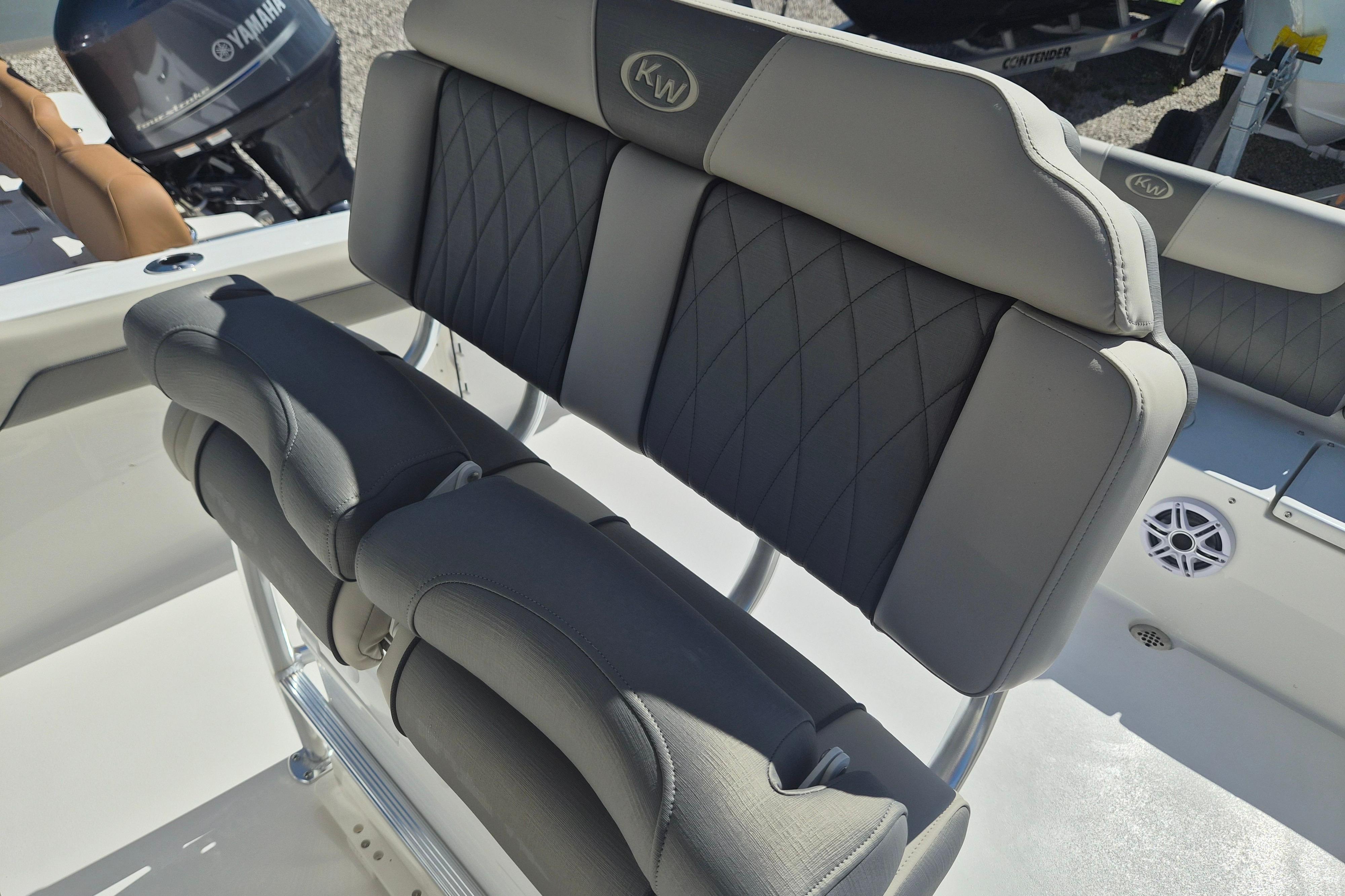2026 Key West 239 FS boat seating with Yamaha engine in background.