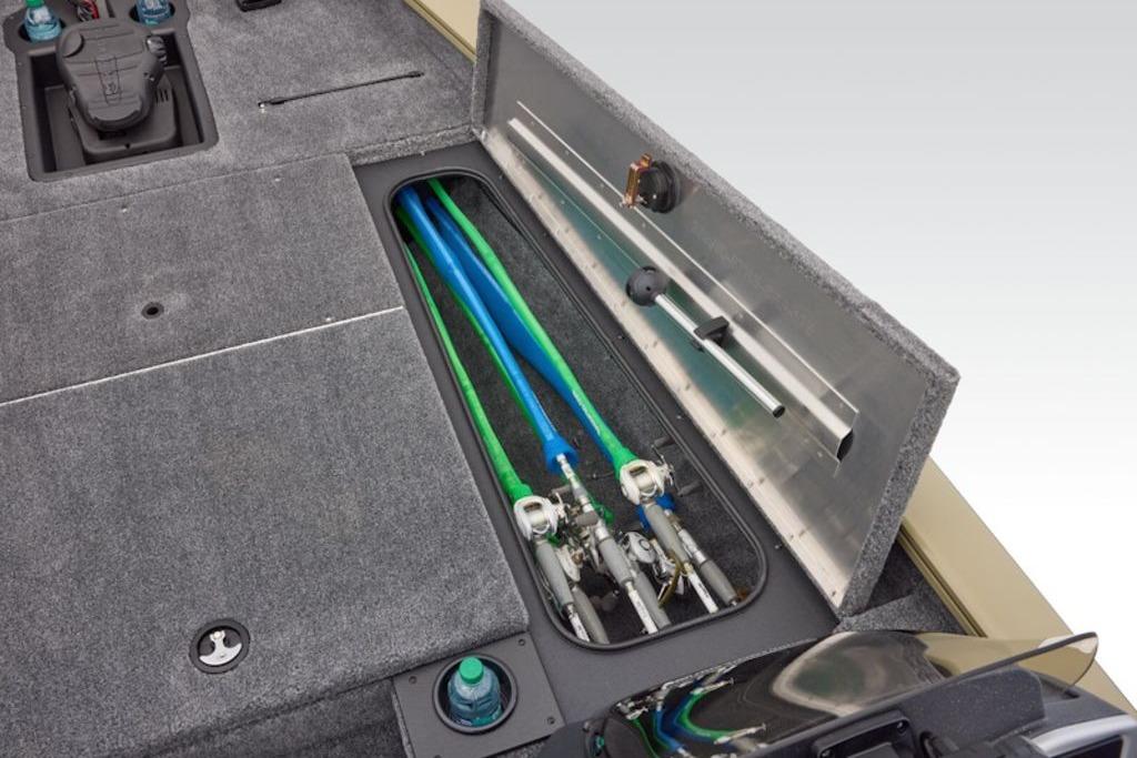 2026 Tracker Pro Team 175 boat storage compartment with organized fishing rods and equipment.