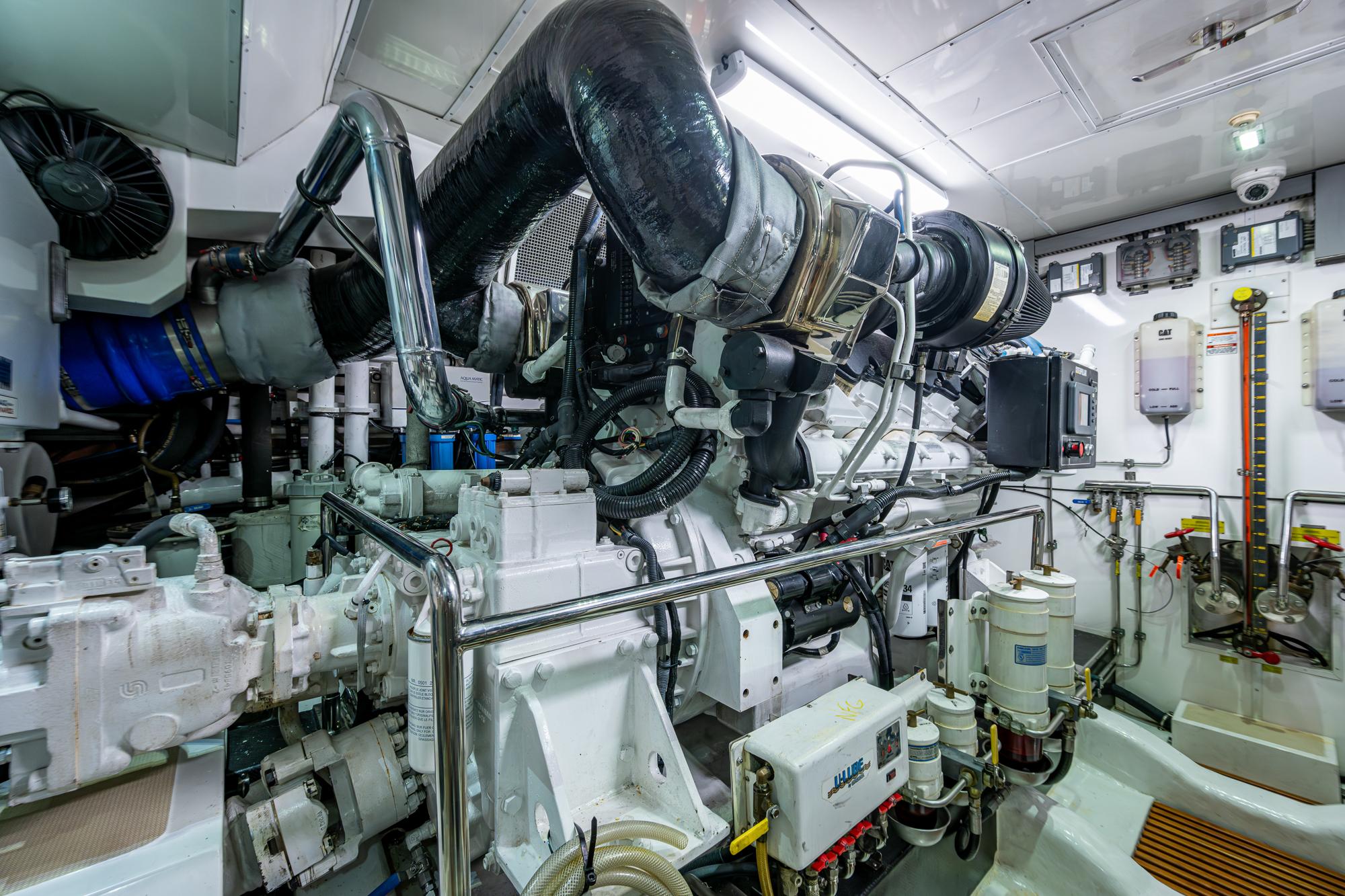Engine room of a 2013 Marlow Explorer Enclosed Bridge (CB) yacht.