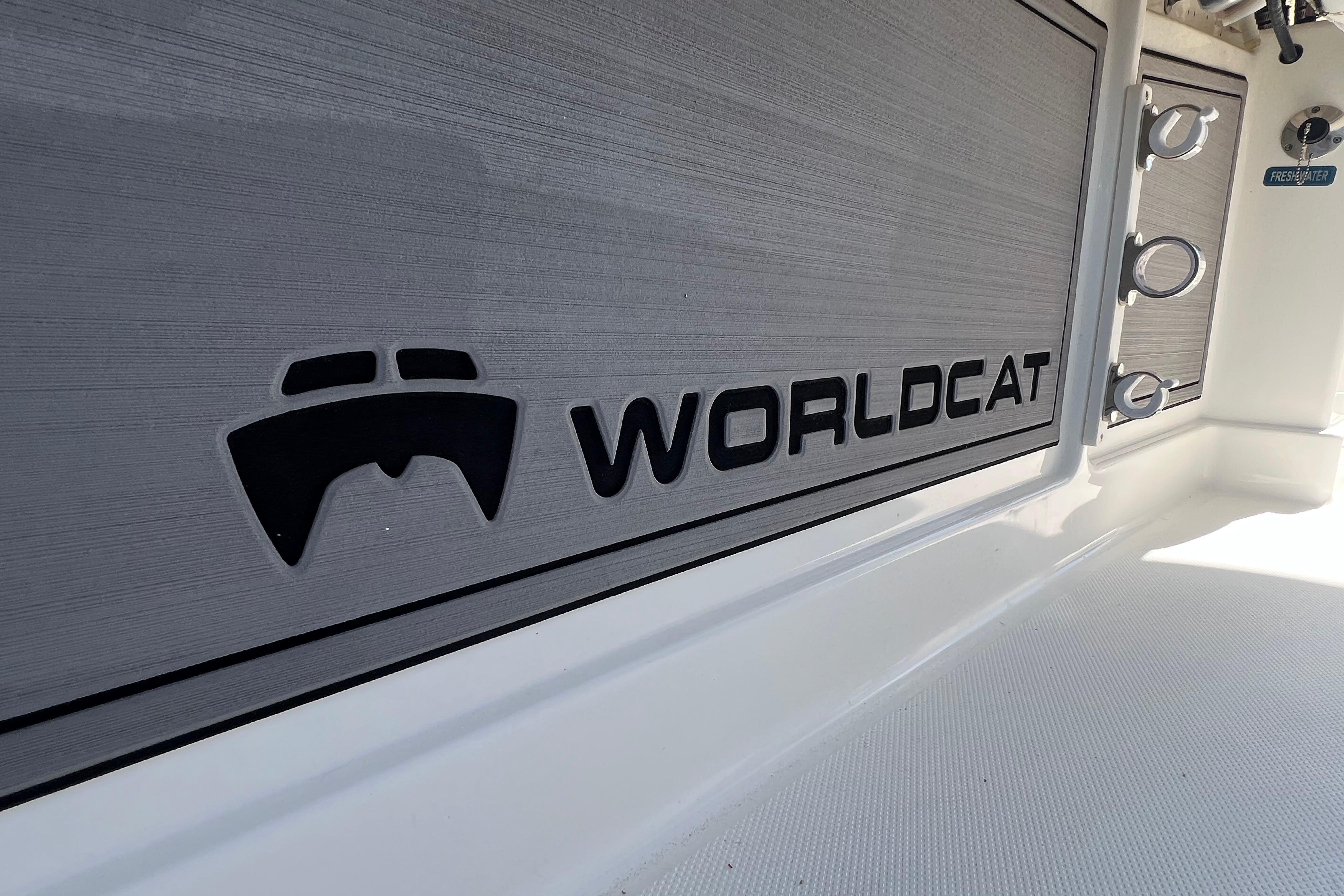 2022 World Cat 280 CC-X boat interior with logo detail.