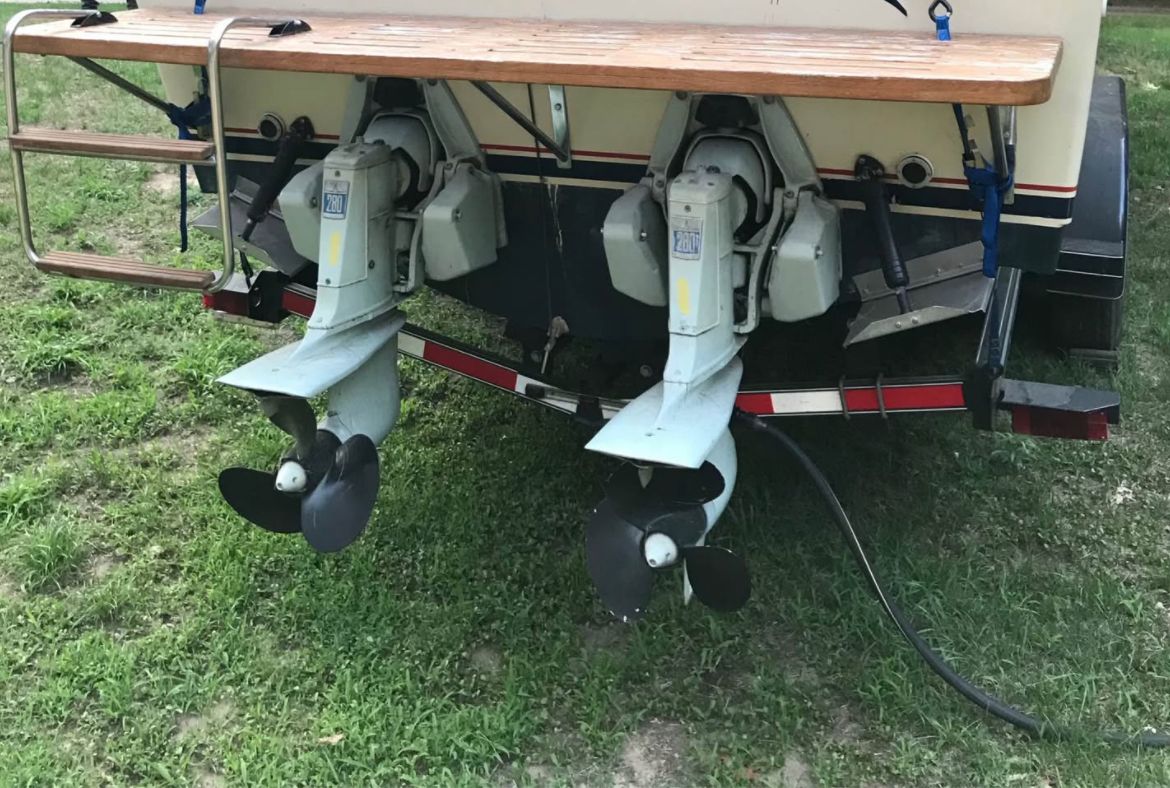 Rear view of a 1984 Tiara Yachts PURSUIT 2600 with dual engines.