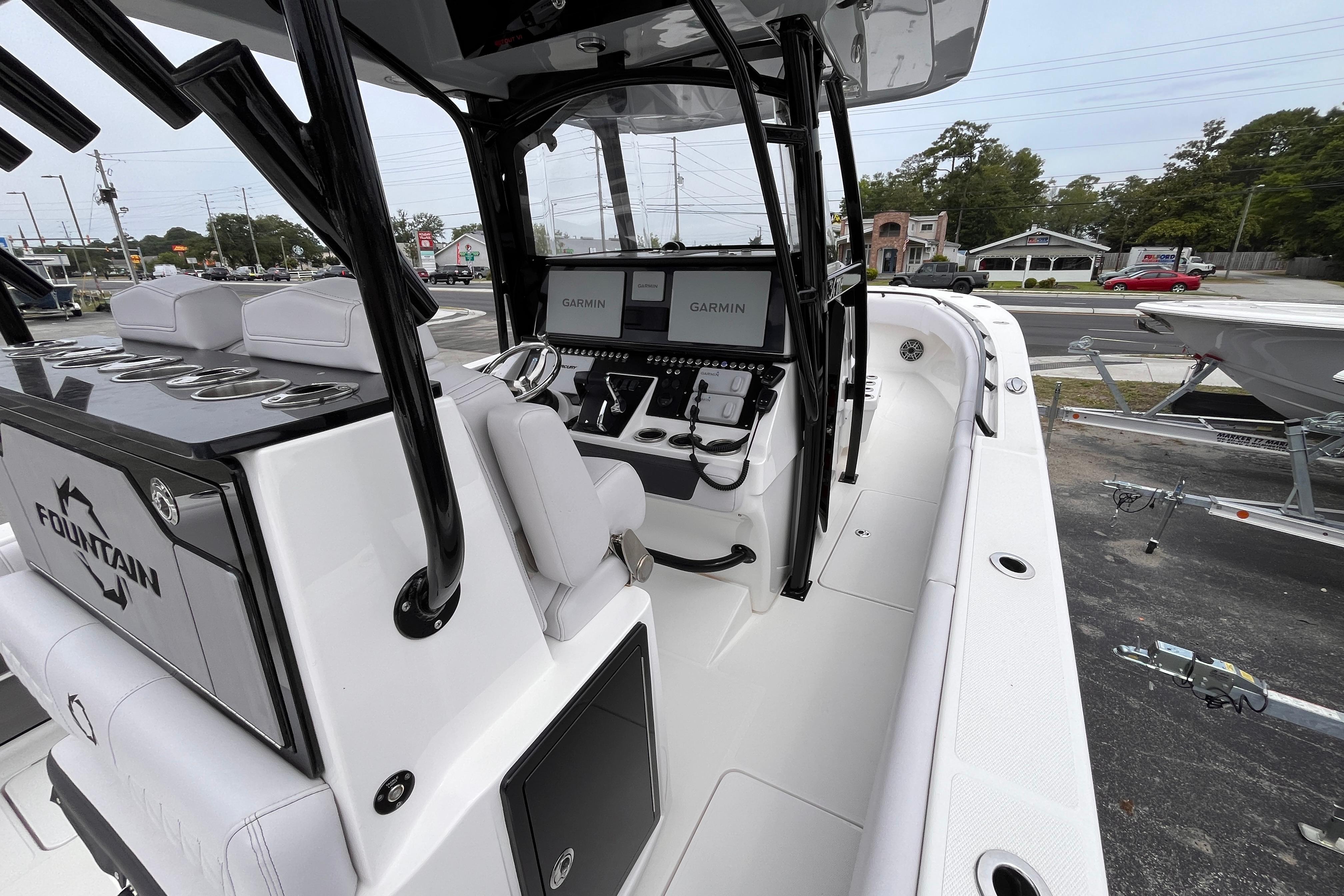 2024 Fountain 34 Tournament Edition boat interior with advanced Garmin navigation system.