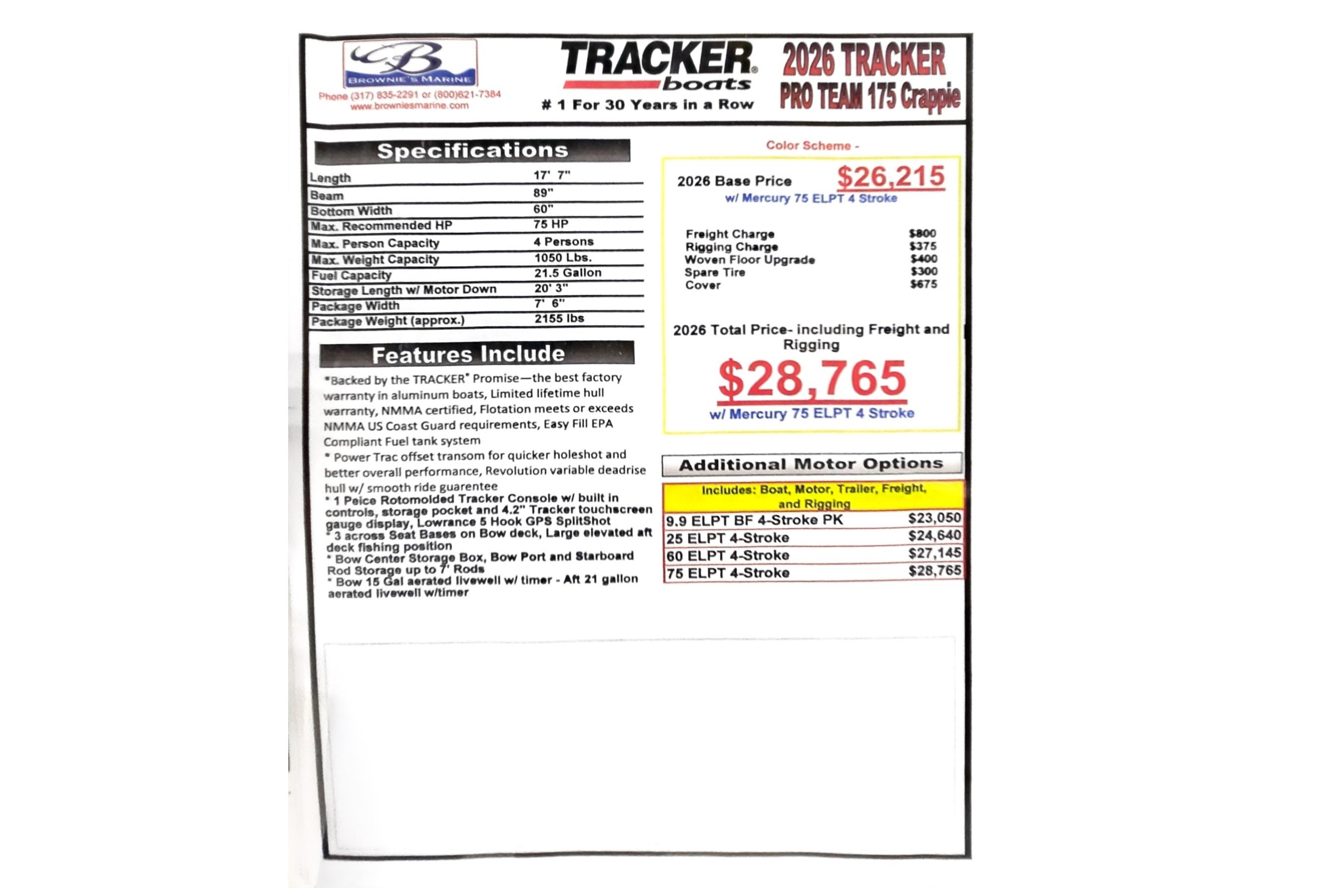 2026 Tracker Pro Team 175 Crappie Edition specifications and pricing details.