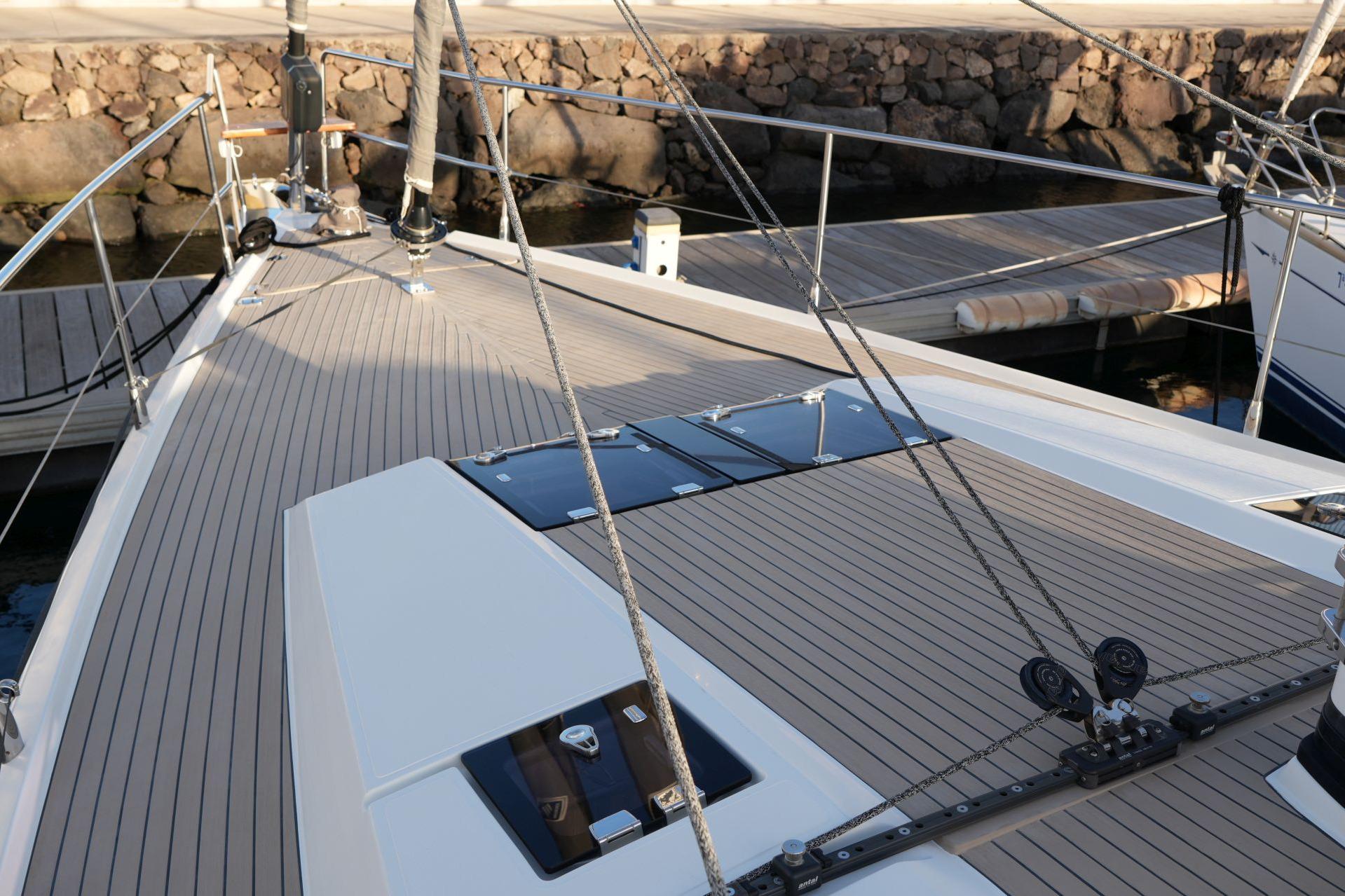 Deck of 2020 Amel 50 yacht with sleek design and modern fittings.