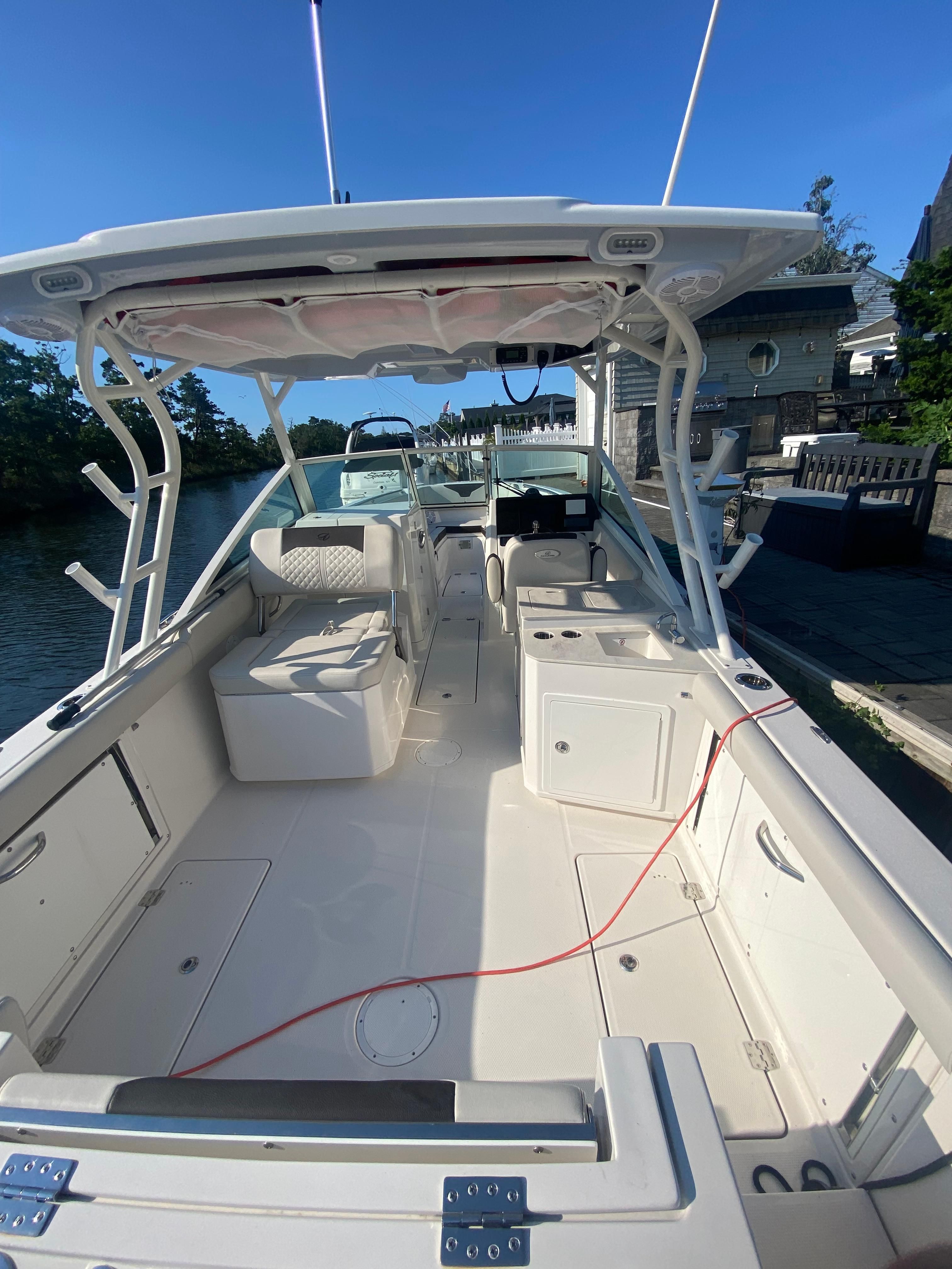 Interior view of a 2022 Sailfish 276 DC boat at dock.