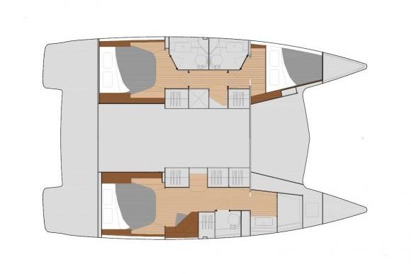 Floor plan of a 2017 Fountaine Pajot Lucia 40 catamaran, showcasing cabin layout.