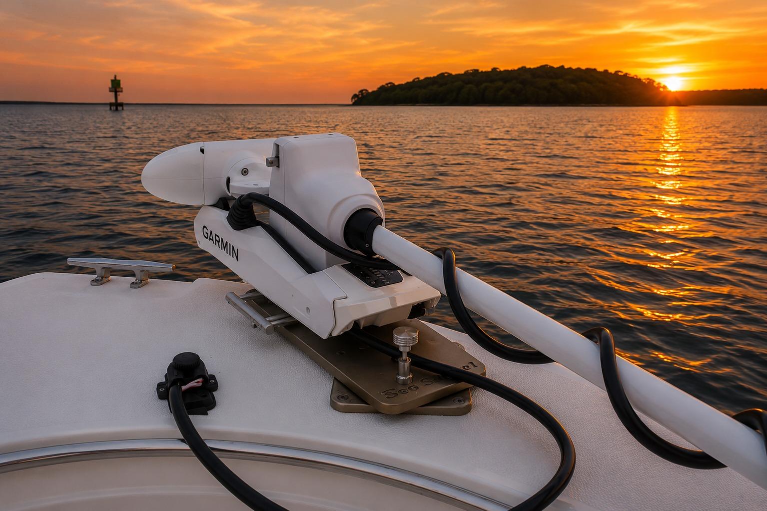 Edgewater 245CC boat with Garmin equipment at sunset on the water, 2004 model.