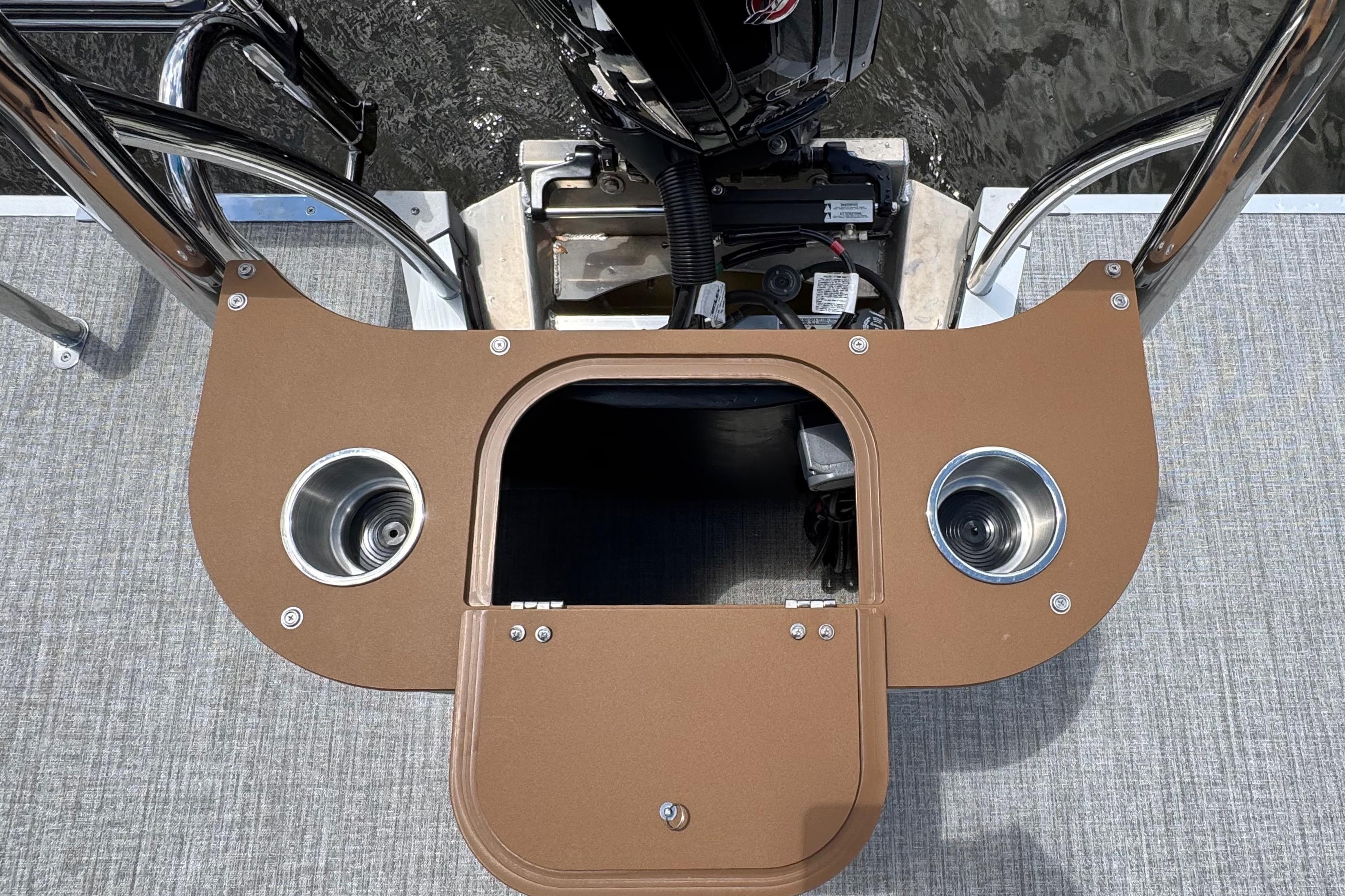 2026 Tahoe Pontoon Sport 85 Cruise Rear Bench 23, featuring engine compartment and cup holders.