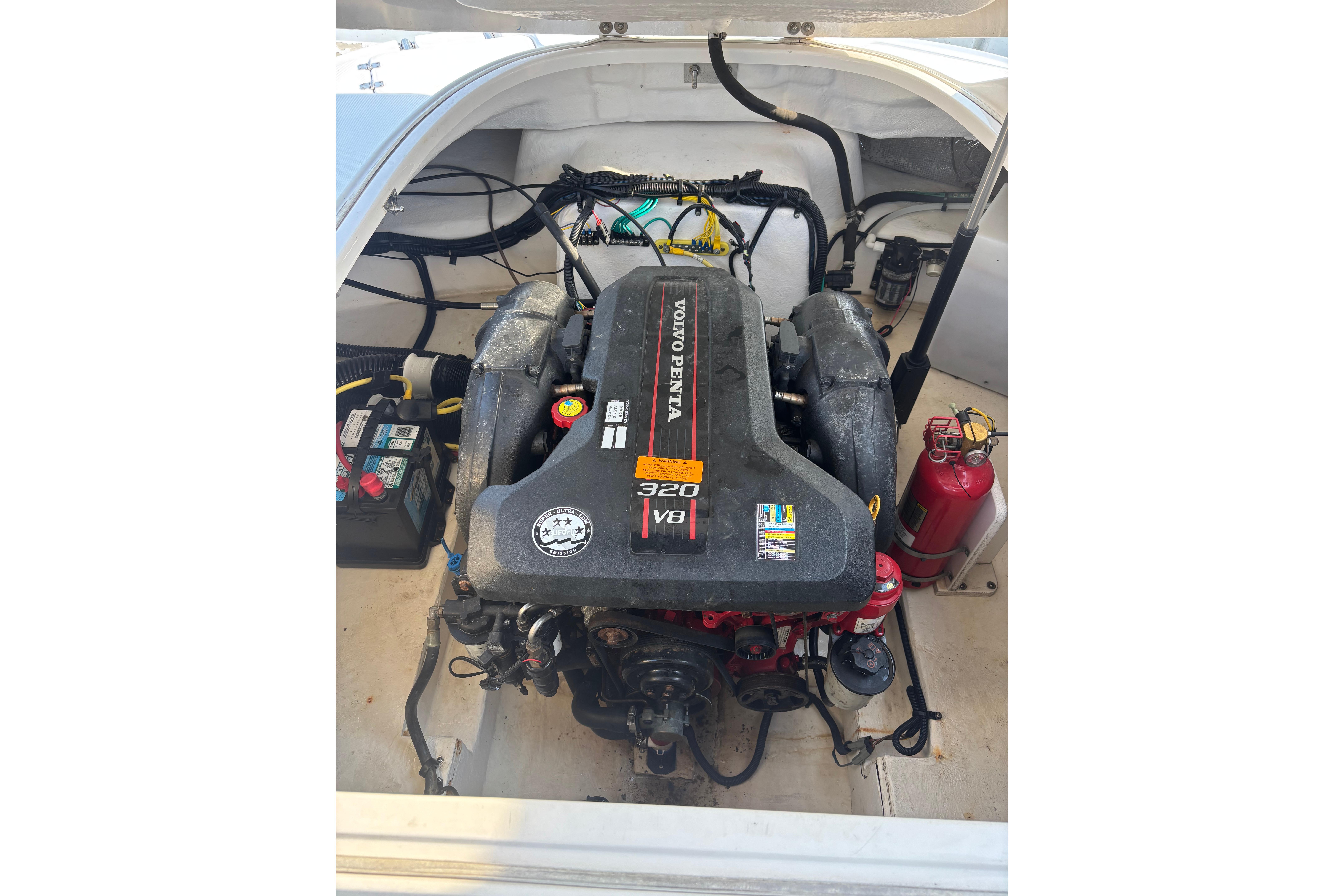 2012 Chaparral 267 SSX boat engine compartment with Volvo Penta 320 V8 engine.