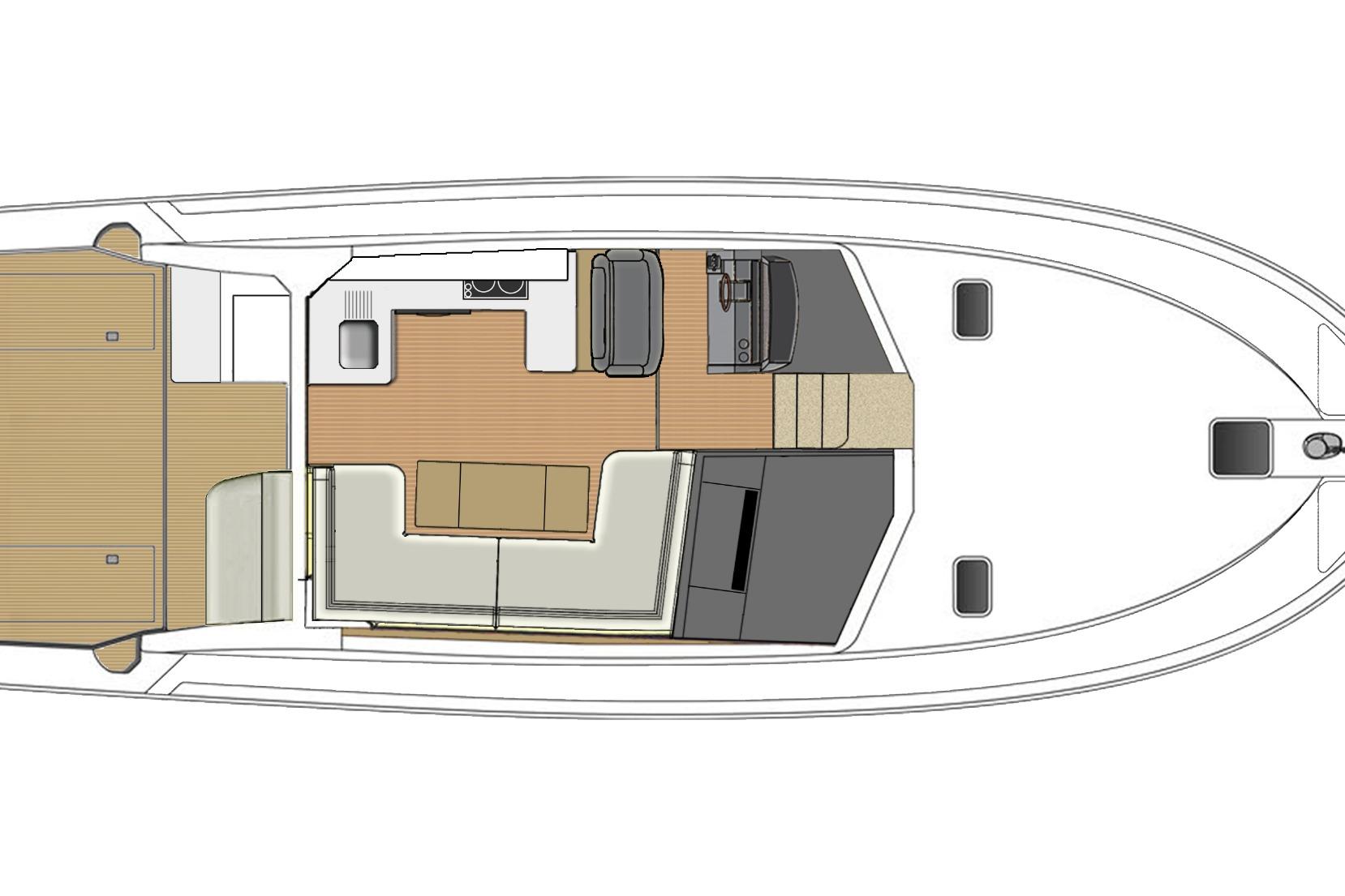 Top view layout of 2018 Riviera 445 SUV yacht interior, featuring seating and galley area