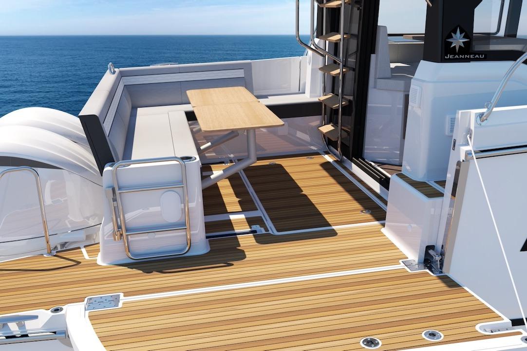 2026 Jeanneau NC 1095 Fly Series 2 yacht deck with seating and ocean view.