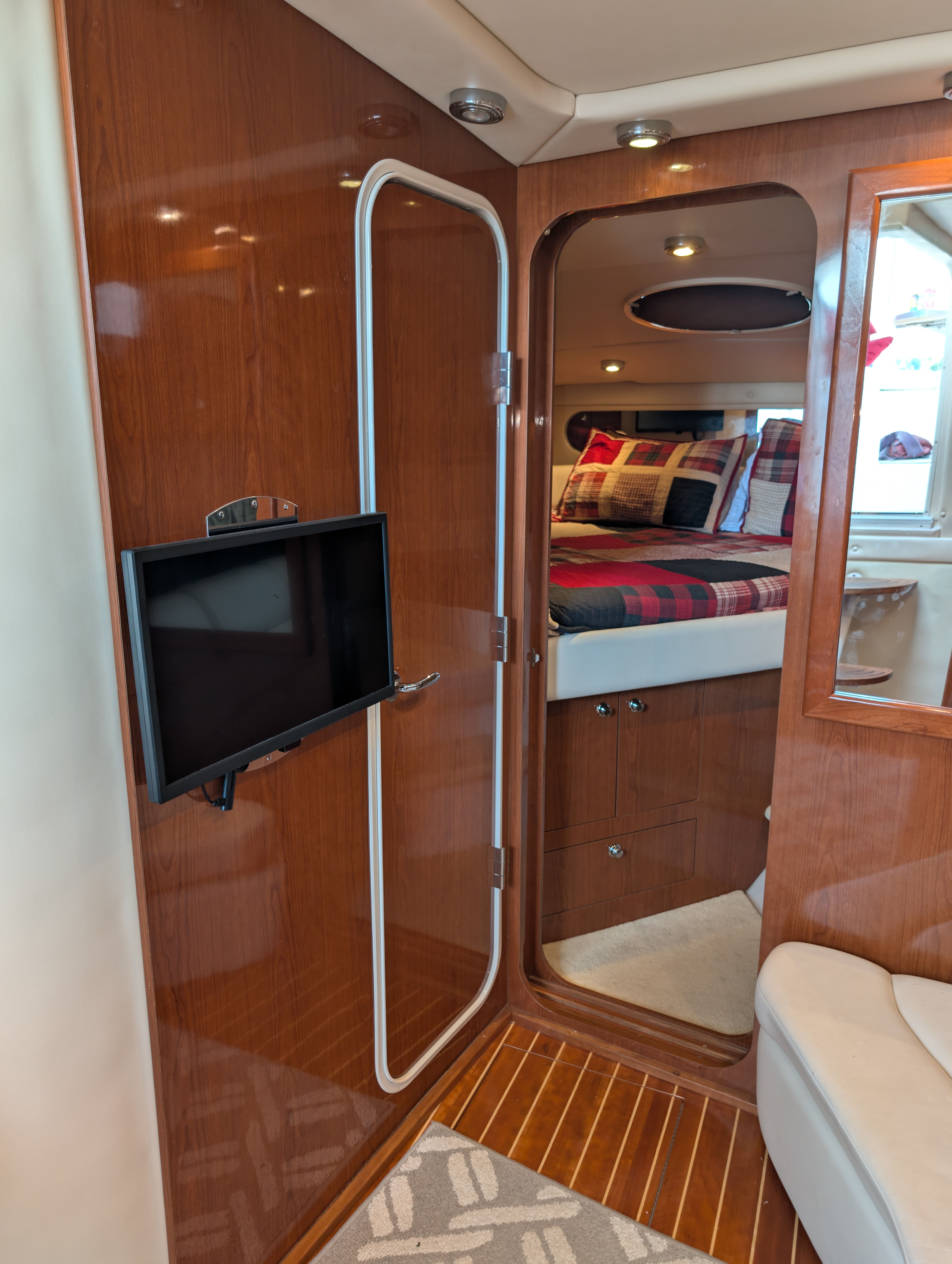 Interior of a 2005 Regal Commodore 3560 yacht with wood finish.