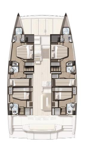 Floor plan of a 2021 Bali 4.8 catamaran, featuring multiple cabins and bathrooms.