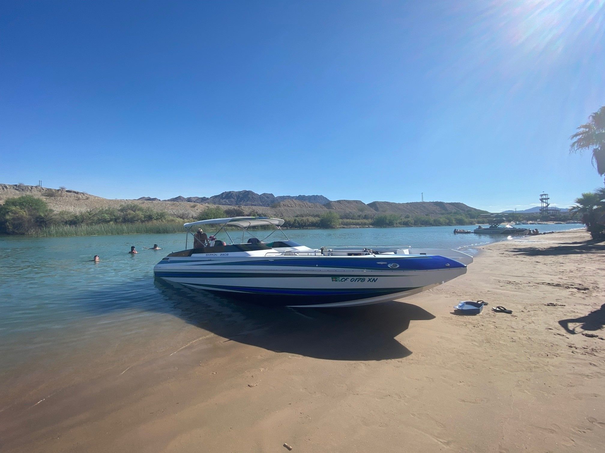 Custom Barron 290s boat on beach, 2021 model.
