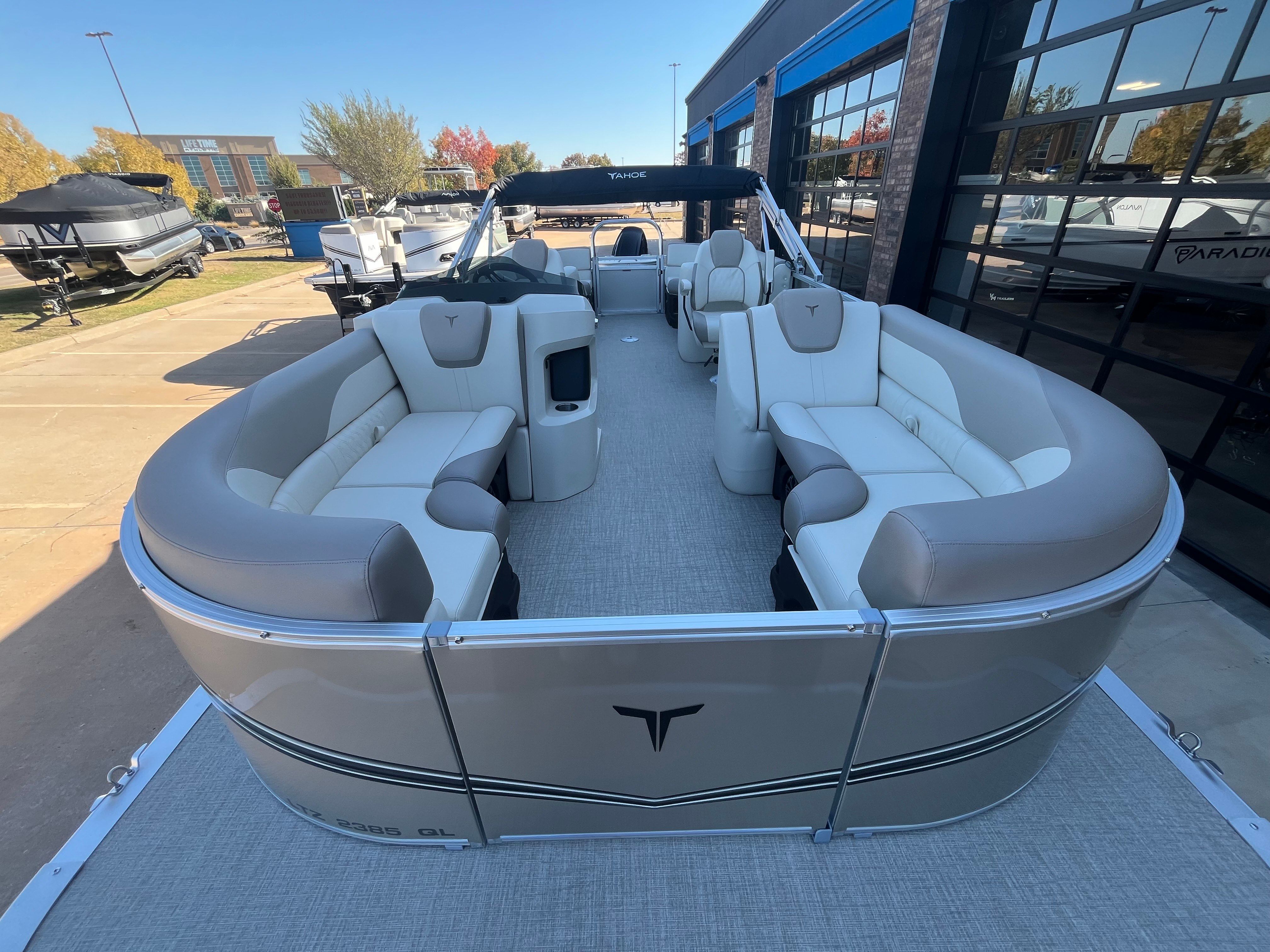 2026 Tahoe 2385 LTZ Quad Lounger pontoon boat with luxurious interior.