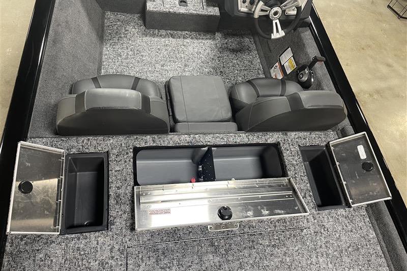 2026 Tracker Pro Team 175 Crappie Edition boat interior with storage compartments and seating.