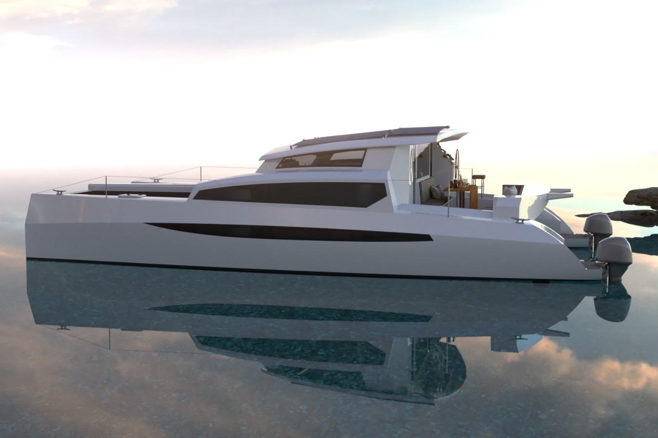 2026 Catamaran Cruisers Power Cat on calm water at sunset.