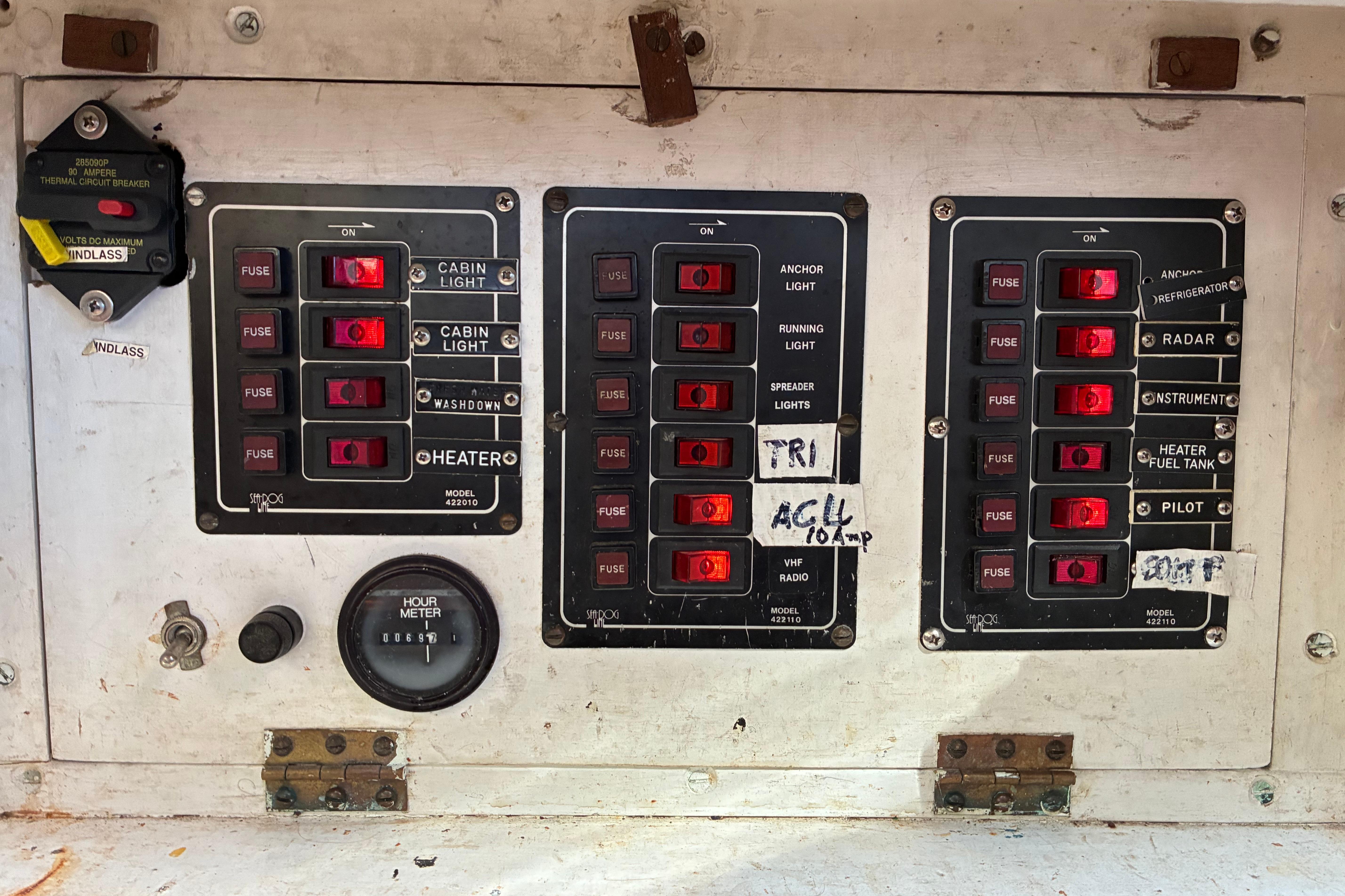 Electrical control panel of a 1974 Cheoy Lee Luders Offshore 28 sailboat.