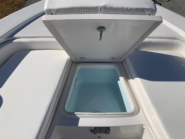Open storage compartment on 2024 Robalo 226 Cayman boat.