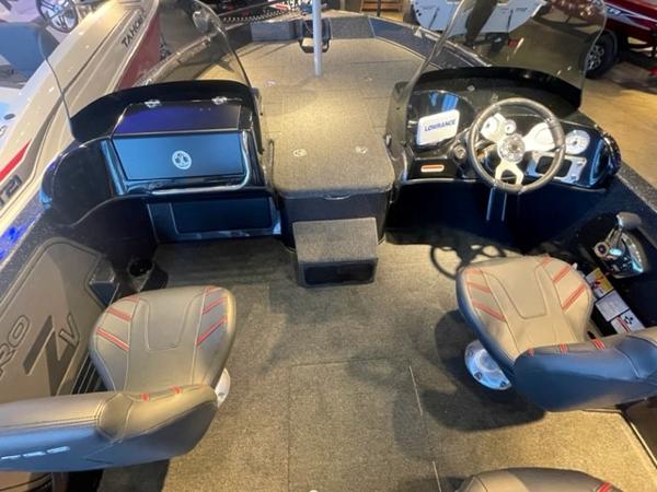 2025 Nitro ZV19 boat interior with steering wheel, seats, and dashboard.