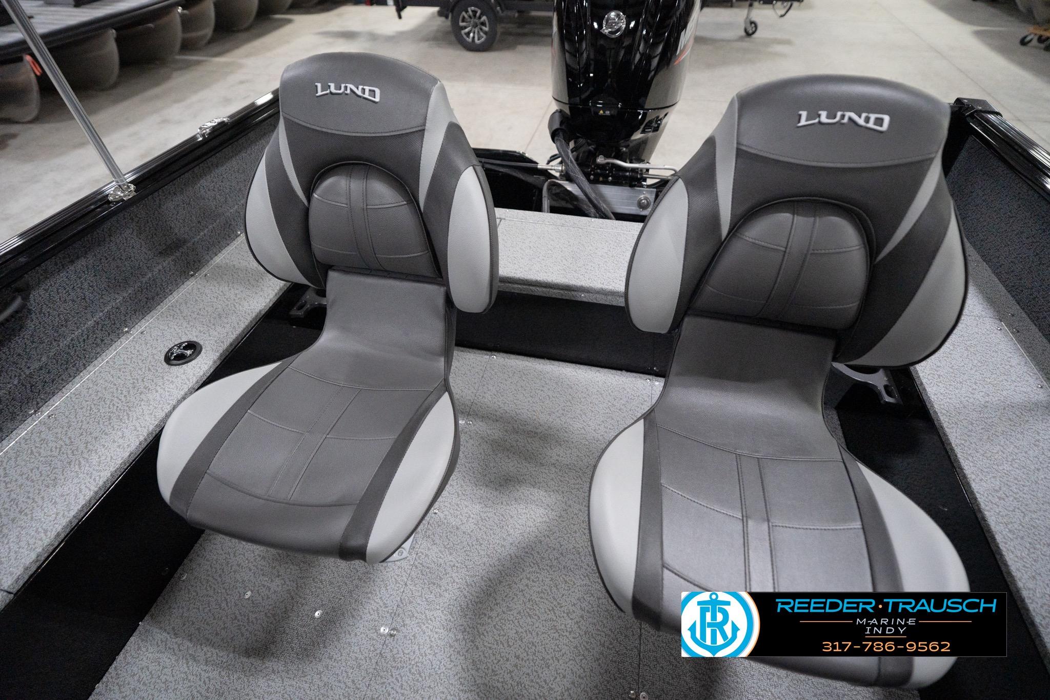 2026 Lund 1800 Explorer Sport boat interior with two gray seats.