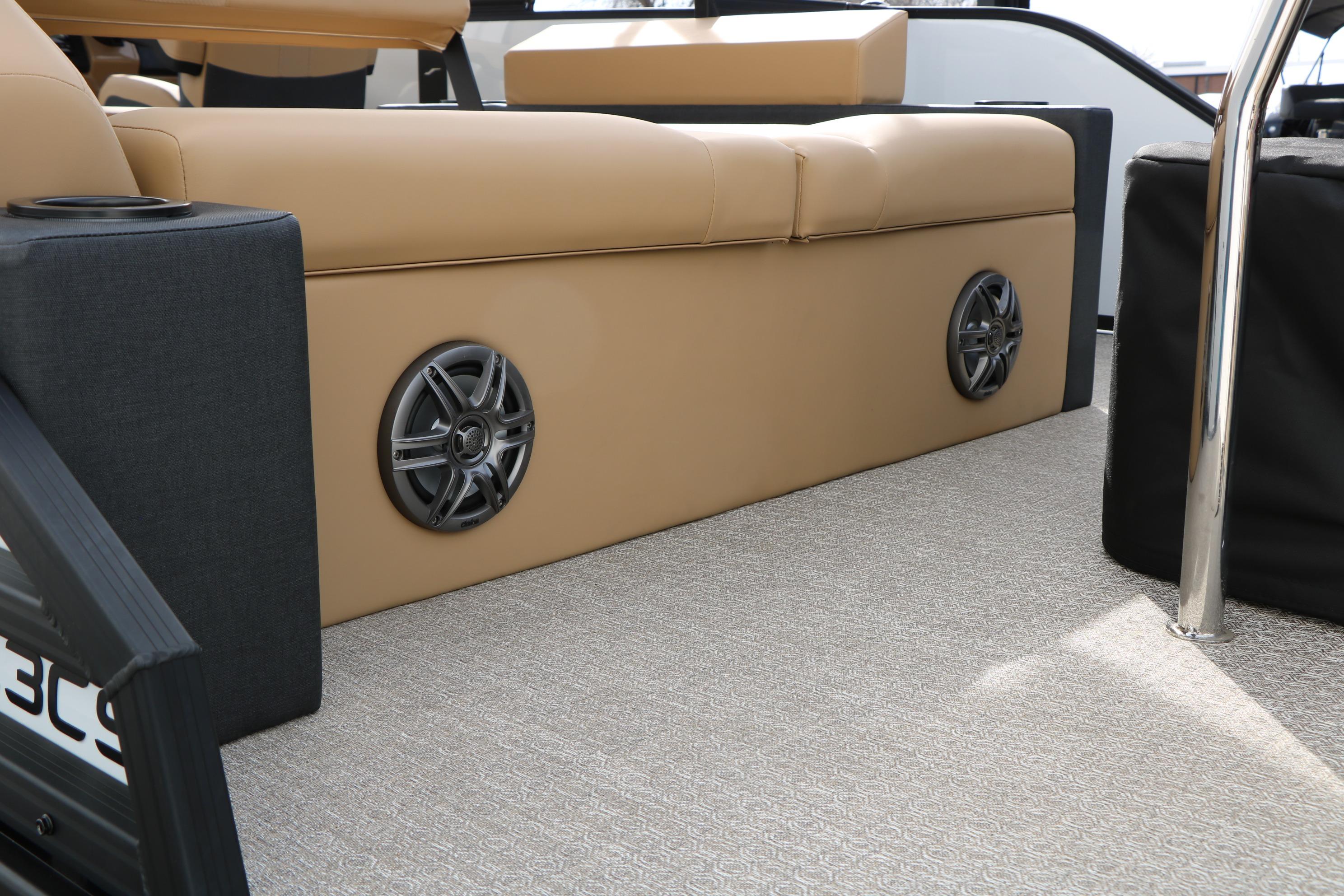 Luxurious seating with built-in speakers on the 2026 Evotti 523CS boat.