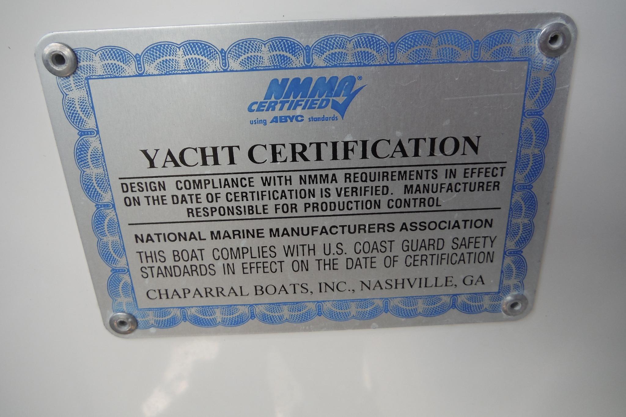 Yacht certification plaque for 2005 Chaparral Signature 350, NMMA certified, safety compliance.