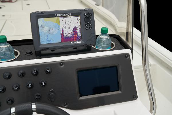 Manufacturer Provided Image: Manufacturer Provided Image: Ranger RB210 2025 boat console with Lowrance fishfinder and dual cup holders.