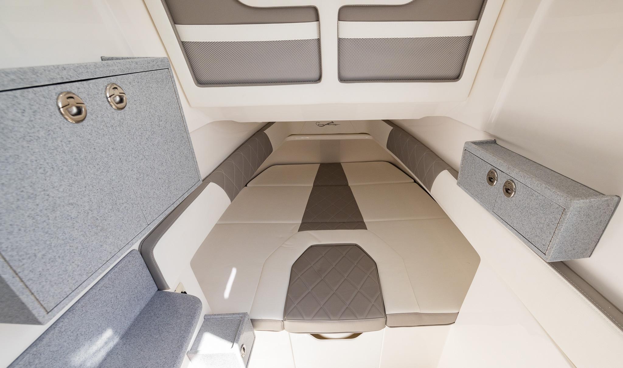 Luxurious interior cabin of 2025 Blackwater 43 Sportfish boat, featuring sleek design and comfortable seating.