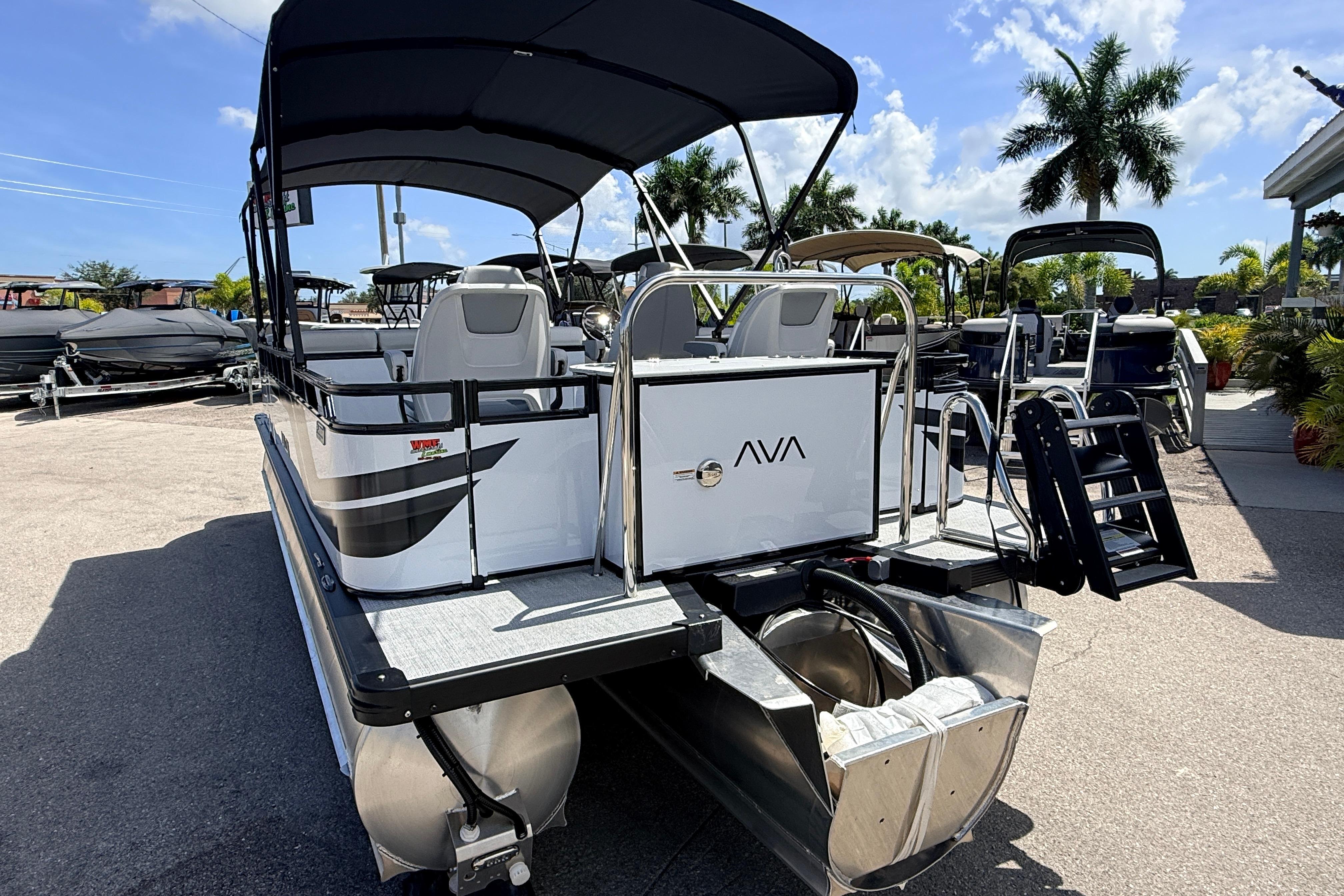 2026 Avalon 2385 Venture 85 Rear Fish Tri Toon boat with high performance features.