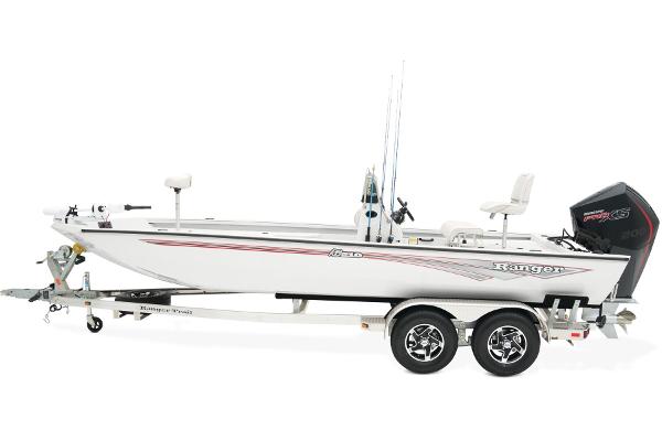 Manufacturer Provided Image: Manufacturer Provided Image: 2025 Ranger RB210 boat on trailer, side view, white with red accents.