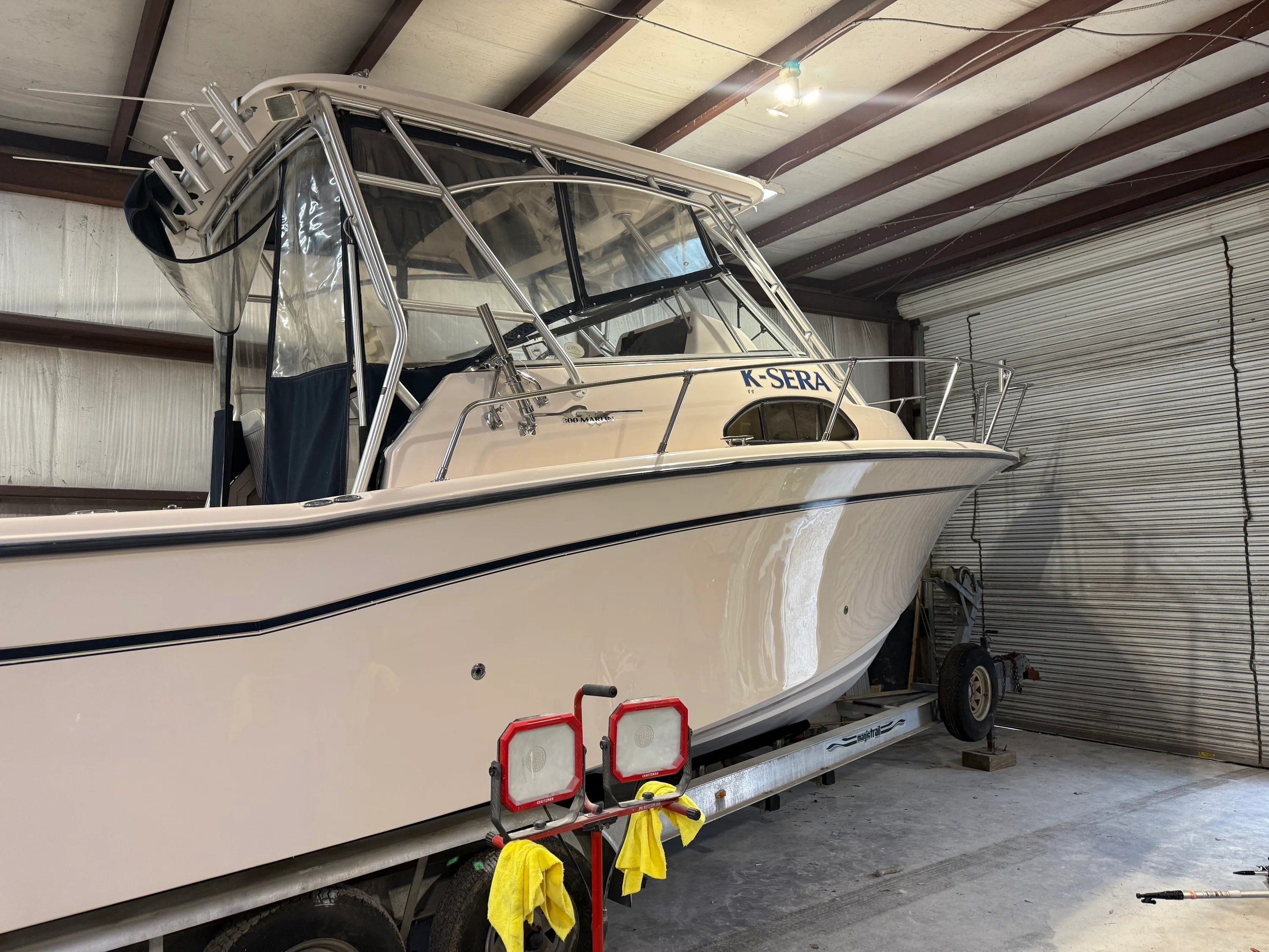 2002 Grady-White Marlin 300 boat in storage facility.