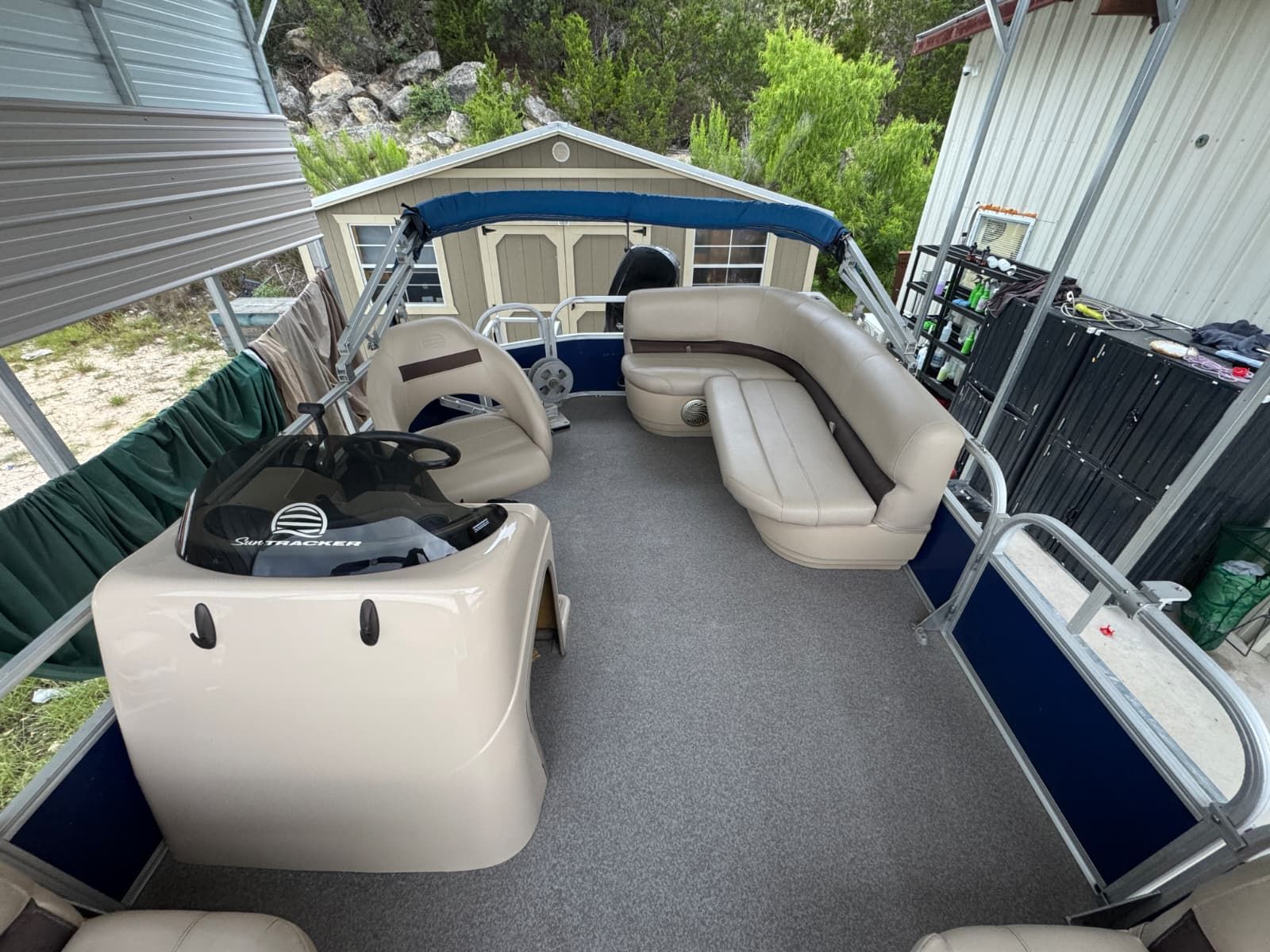 2018 Sun Tracker Party Barge 18 DLX with spacious seating area and helm console.