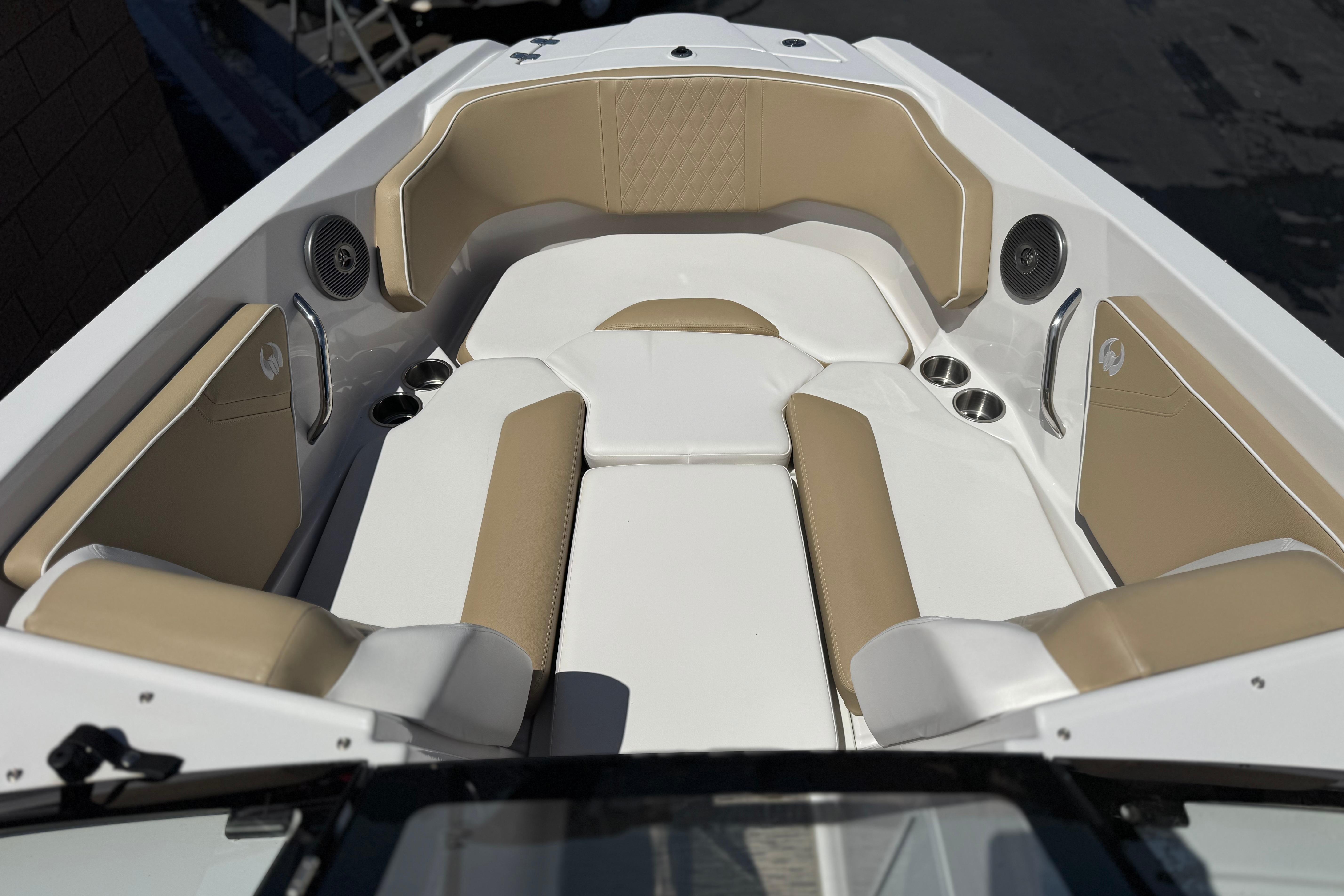 2017 Scarab 255 H.O. Platinum boat interior with beige and white seating.