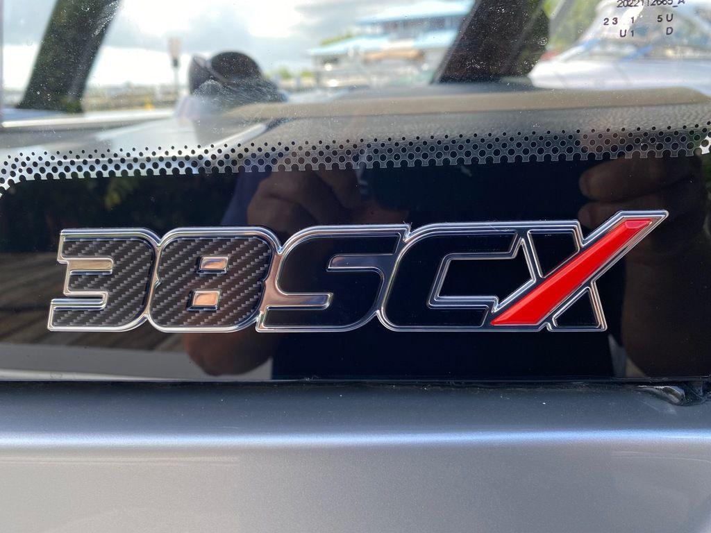 2025 Fountain 38 SCX logo on boat exterior.
