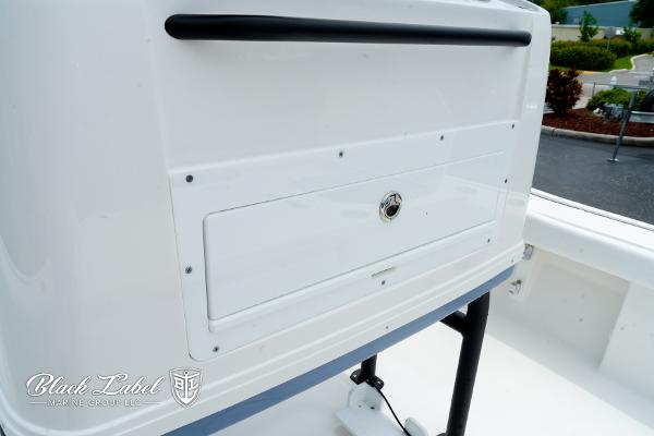 2025 Caymas 281 HB boat storage compartment with Black Label Marine Group logo.