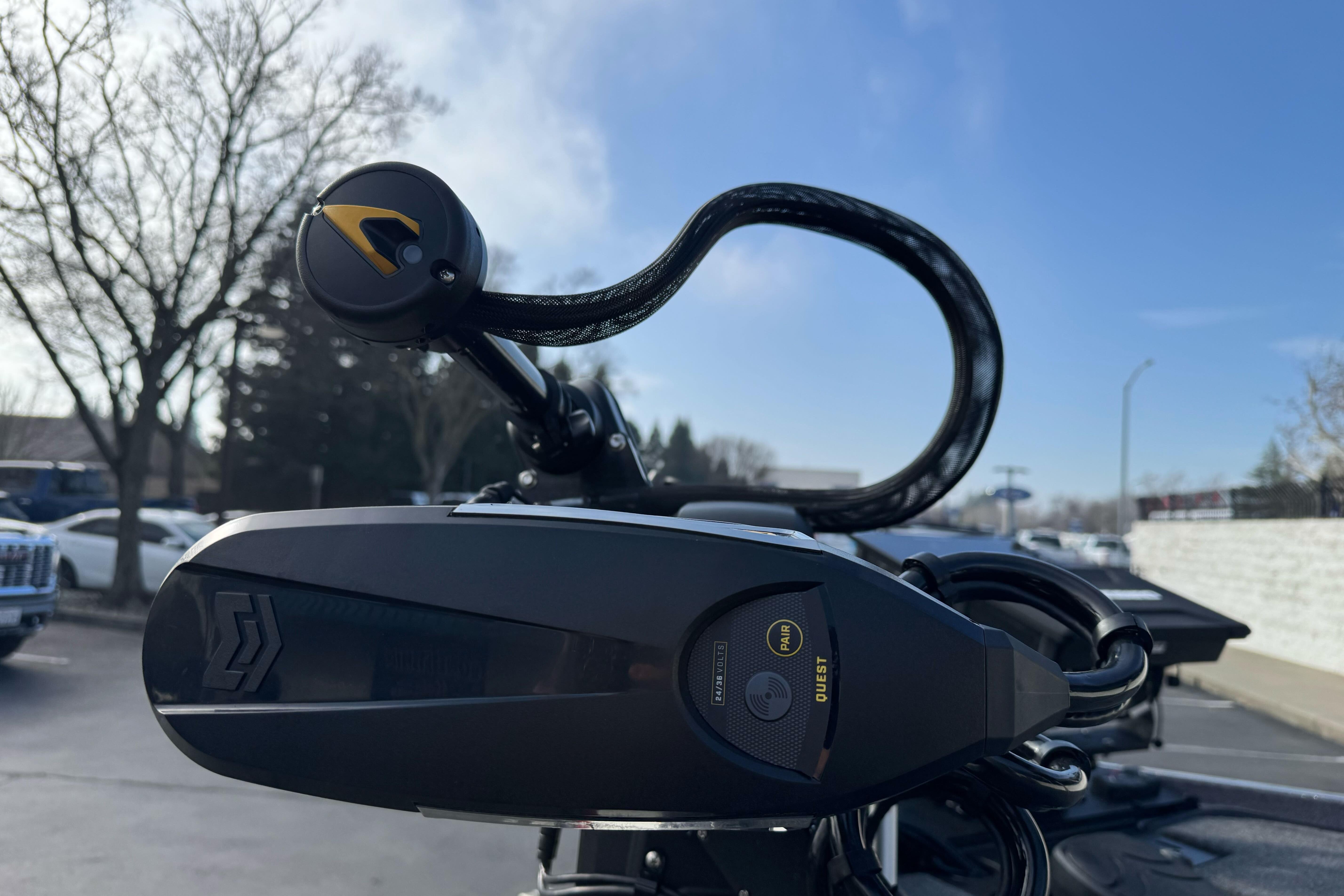 Close-up of 2025 Ranger Z521 boat equipment with a clear blue sky background.