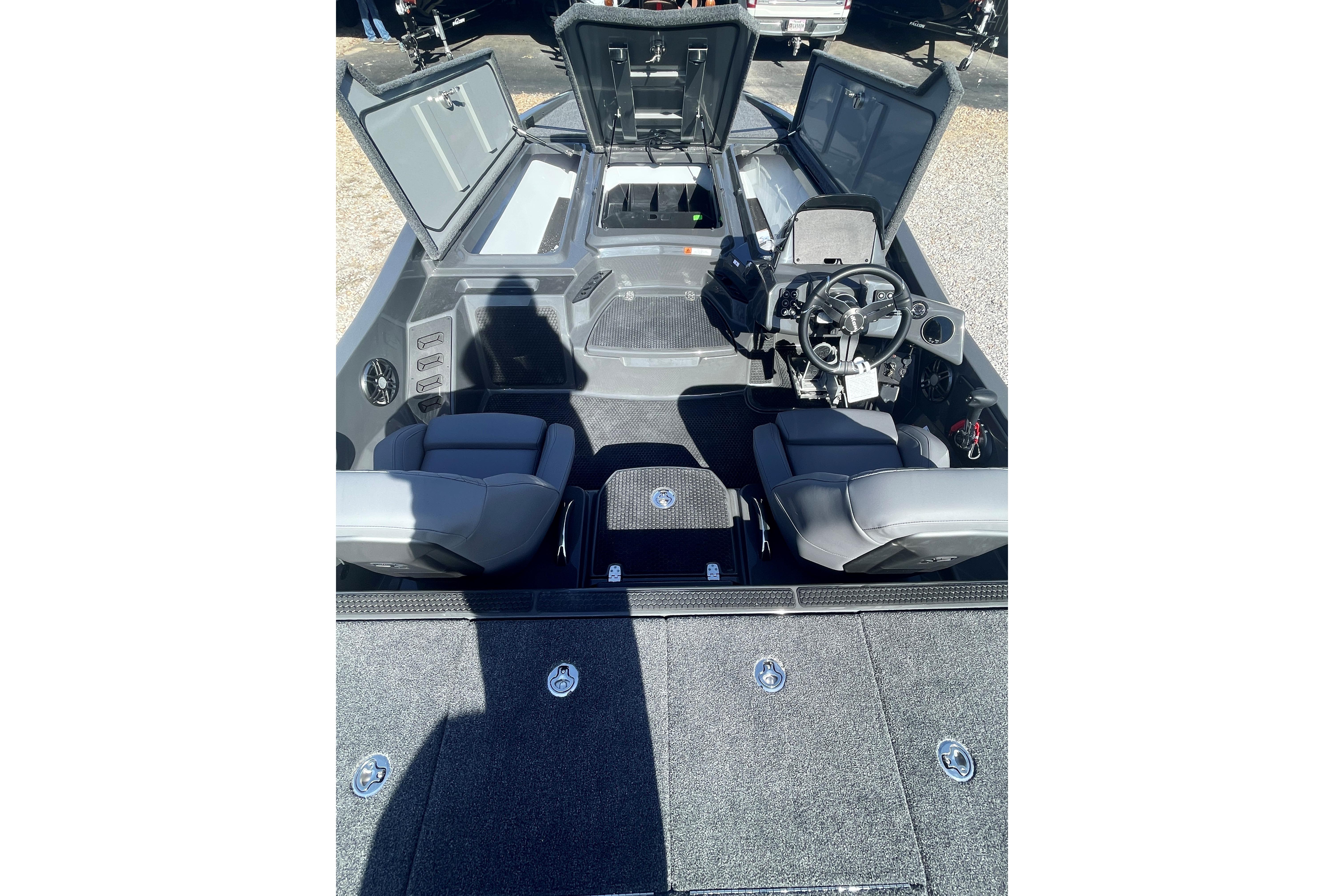 2026 iKon VLX20 boat interior with open storage compartments and dual seating.