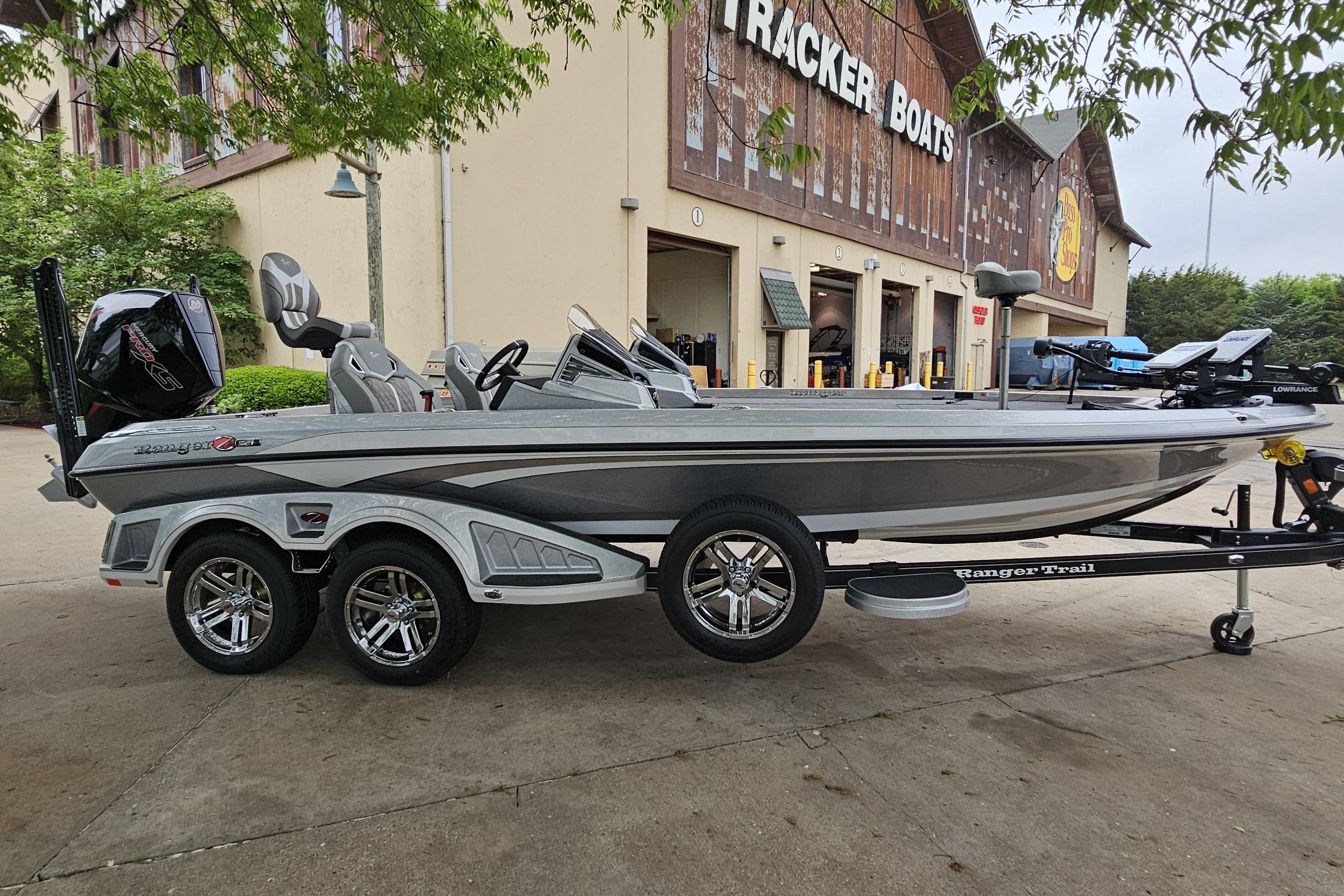 2026 Ranger Z521R Cup-Equipped boat displayed outside Tracker Boats store.